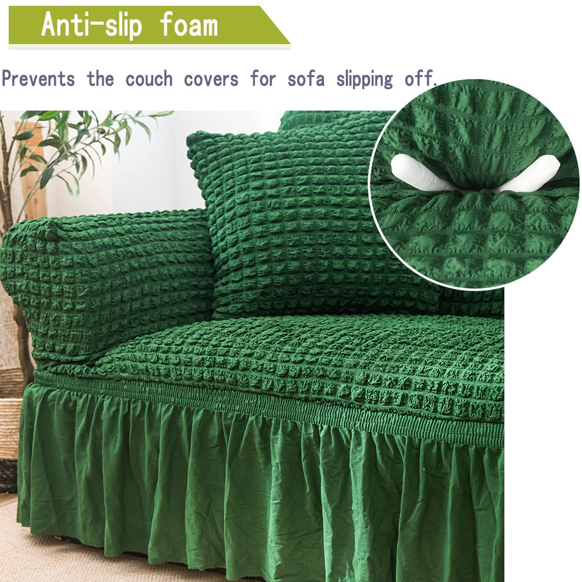 Qubjus Stretch Sofa Slipcover - Washable Furniture Protector for Couch, Sofa & Bed - Elastic Bottom with Skirt - Dark Green Large Size - Perfect for Living Room, Family Room & Home Decor