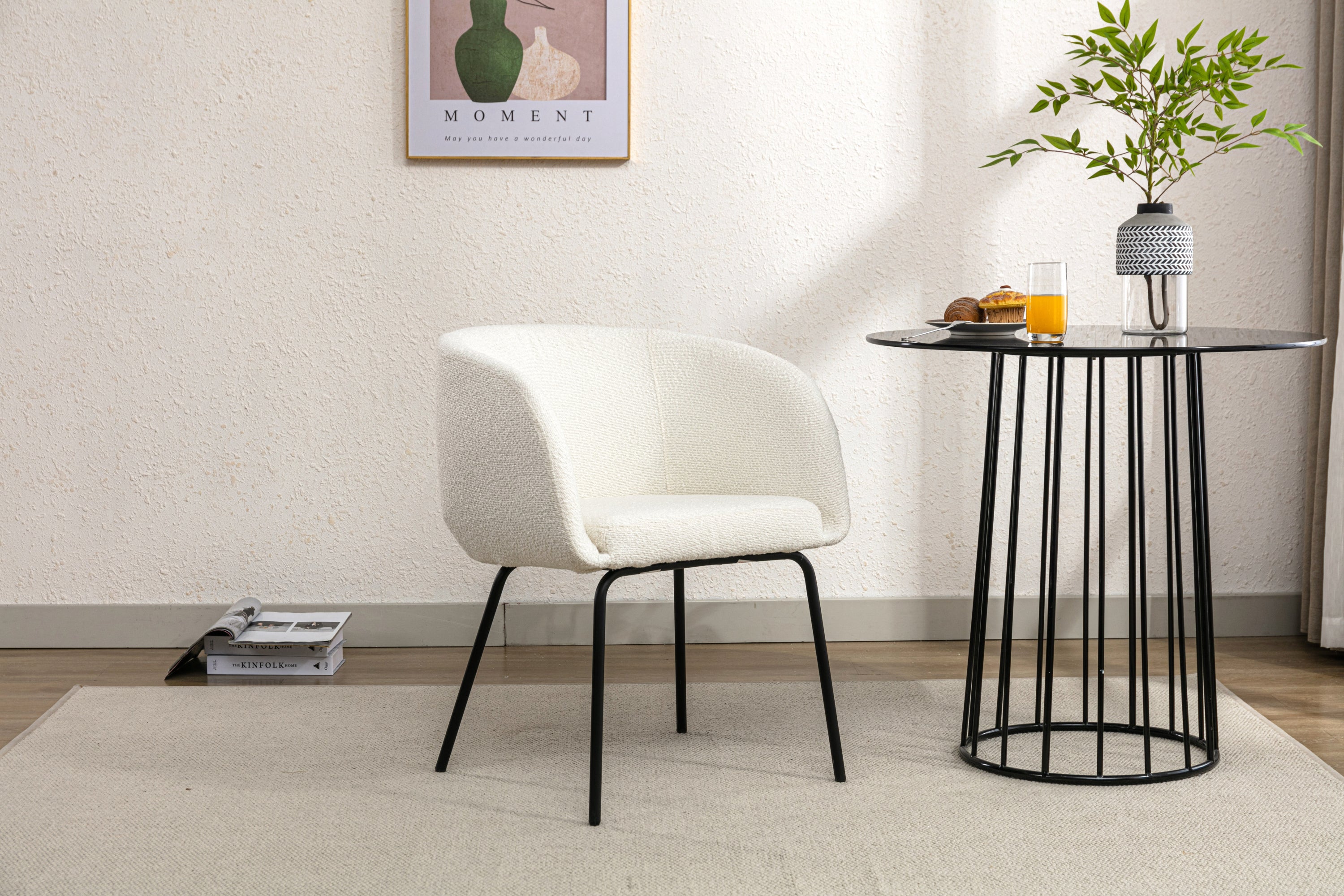 039 Set of 1 Boucle Fabric Dining Chair With Black Metal Legs - Modern Upholstered Accent Chair for Dining Room, Kitchen, Office or Living Room