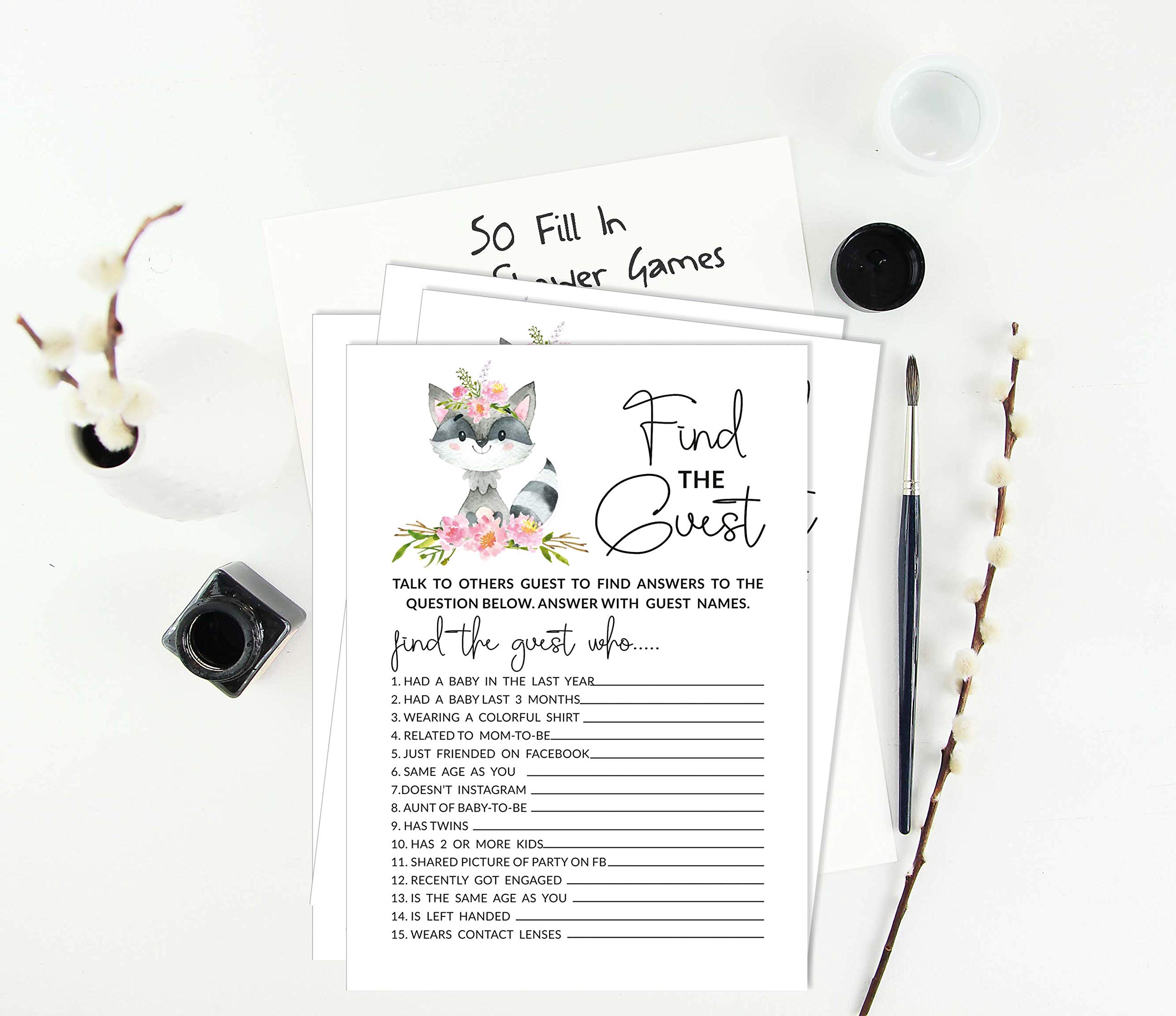 50 Find The Guest Baby Shower Game - Gender Neutral Floral Raccoon Icebreaker Party Supplies for Baby Shower, Gender Reveal, and Coed Celebrations