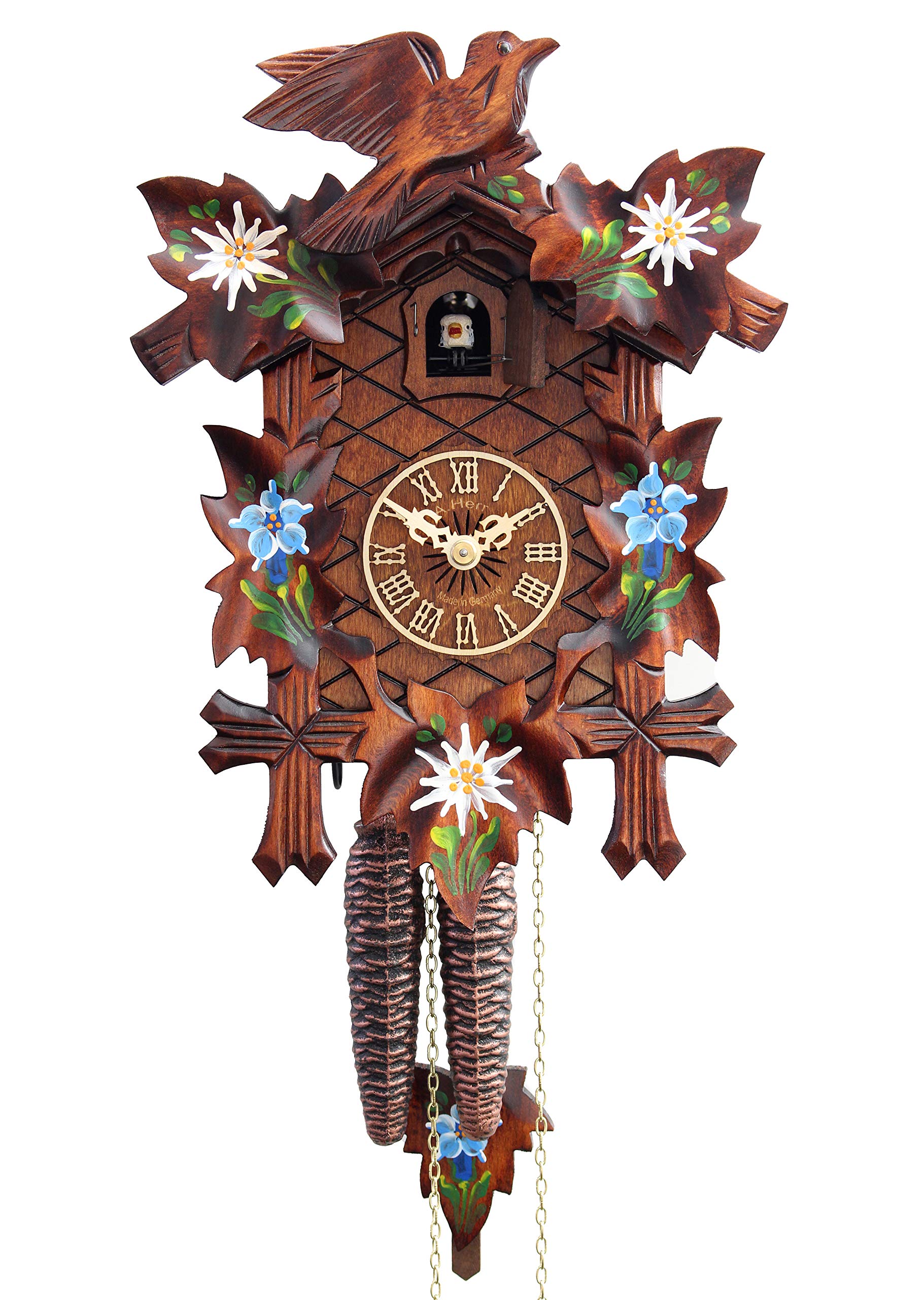 Handmade Cuckoo Clock with Alpine Flowers Design - Traditional German Wooden Wall Clock for Home & Office Decor | Perfect for Living Room, Bedroom, or Cabin