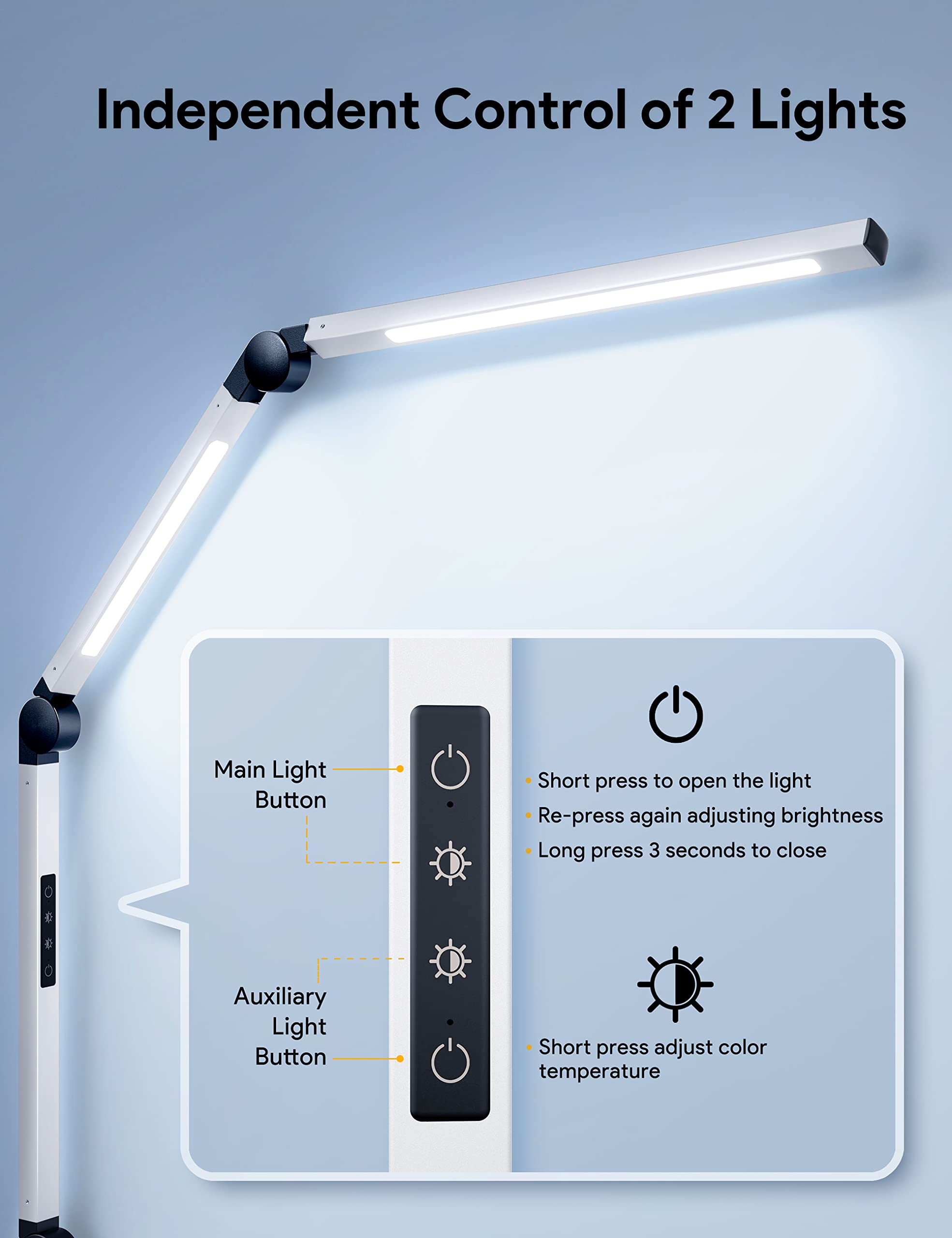 MediAcous LED Desk Lamp with Clamp - Adjustable Swing Arm, 4 Color Modes & 4 Brightness Levels, Dimmable Eye-Caring Light with Memory Function - Perfect for Home Office, Study, Reading & Crafting (White)