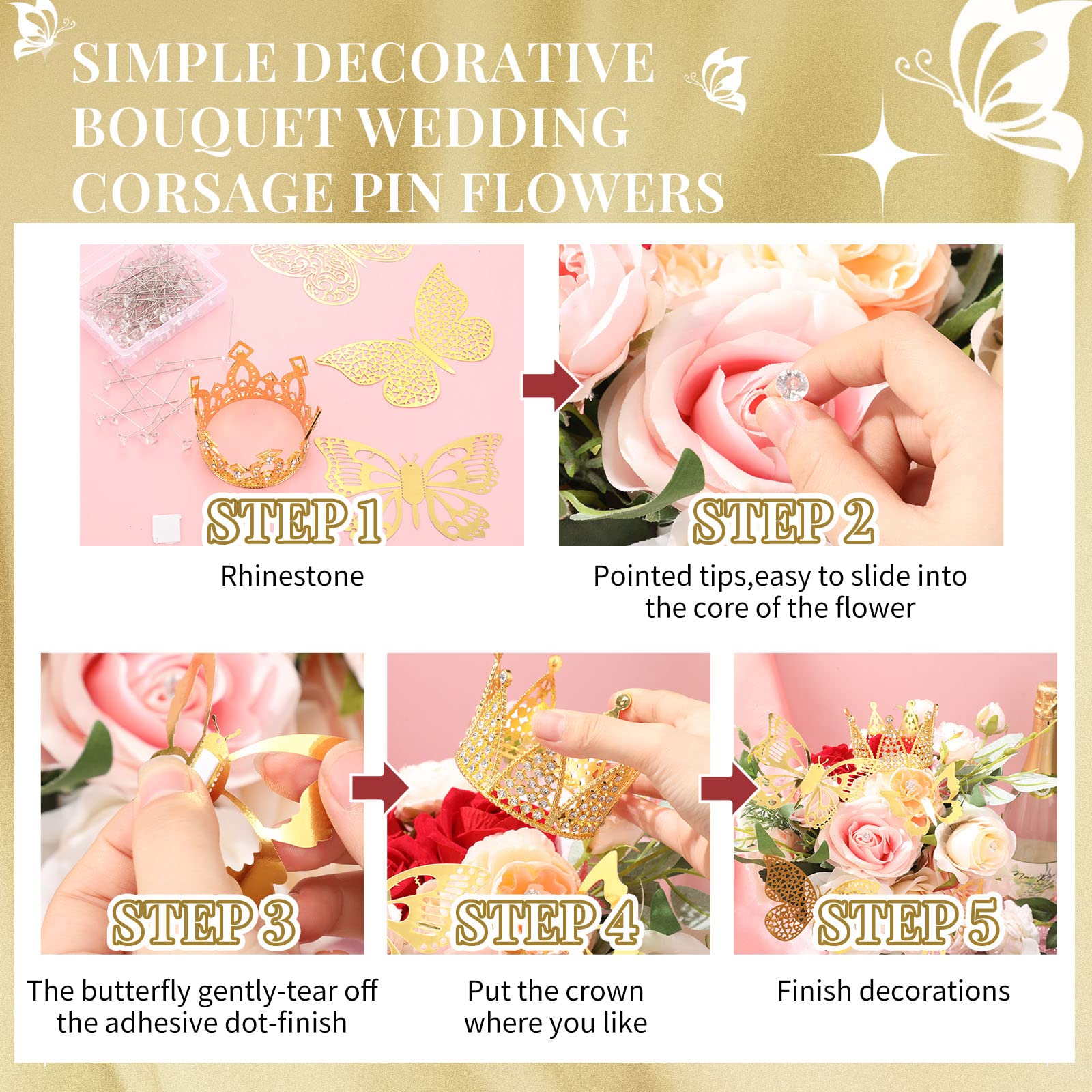 Estune 202-Piece Floral Bouquet Accessory Kit - 6 Mini Gold Crowns, 96 3D Gold Butterflies & 100 Diamond Flower Pins for Wedding, Birthday Party & Cake Decorations | DIY Floral Arrangement Supplies for Centerpieces, Gift Wrapping & Craft Projects