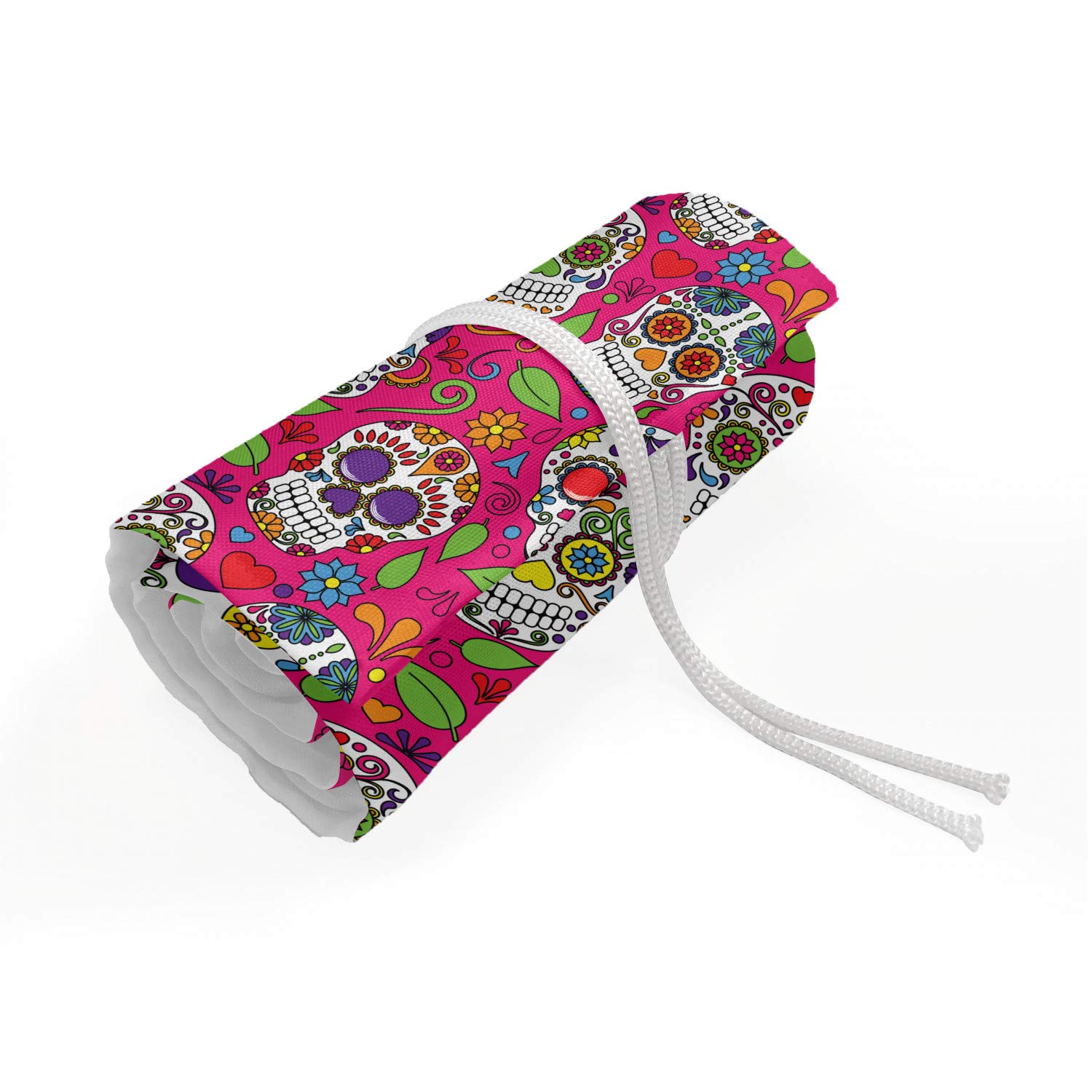 Ambesonne Sugar Skull Pencil Case Wrap Roll Holder - 72 Loop Canvas Pencil Organizer with Vibrant Mexican Floral Hearts Design for All Saints Day - Durable & Portable Art Supply Storage for Students, Artists & Office Use