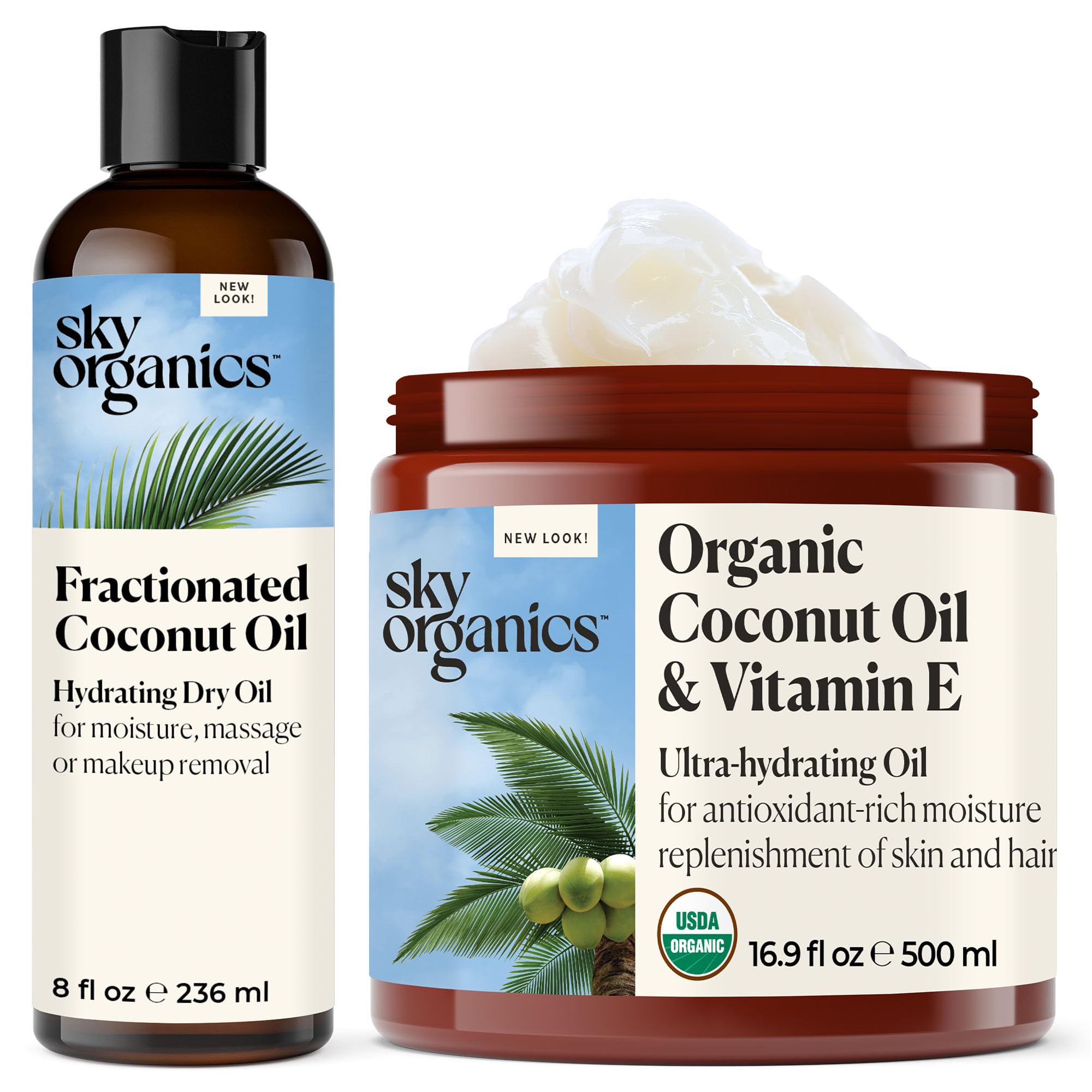 Organic Virgin Coconut Oil with Vitamin E & Fractionated Coconut Oil for Skin, Hair & Massage - Pure, Natural Moisturizer for Dry Skin, Hair Care & Aromatherapy