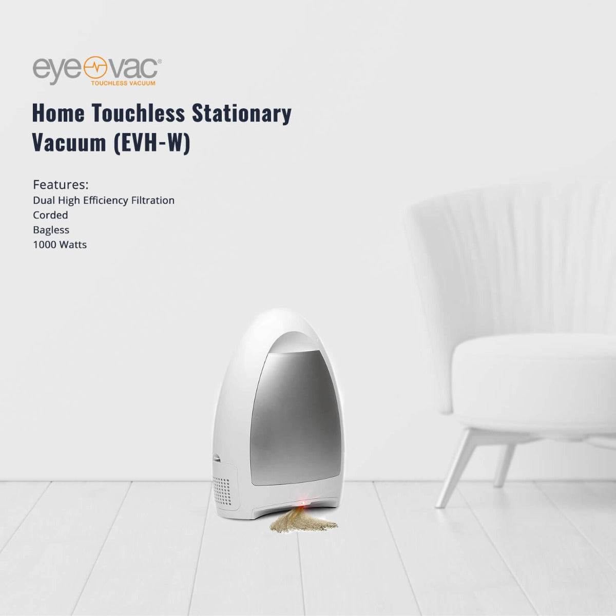 EyeVac Home Automatic Cordless Vacuum - Hands-Free Touchless Dustpan for Hardwood Floors & Pet Hair | Modern White Design for Kitchen, Living Room & Office Cleaning