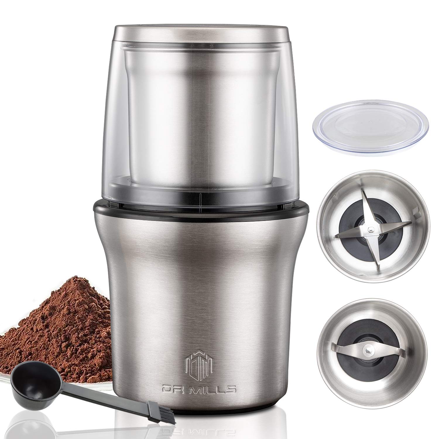 DR MILLS DM-7412M Stainless Steel Electric Coffee & Spice Grinder - 2-in-1 Wet & Dry Grinding, Removable BPA-Free Cups, Dishwasher Safe - Perfect for Fresh Coffee Beans, Herbs, Nuts & Spices in Kitchen & Cafe