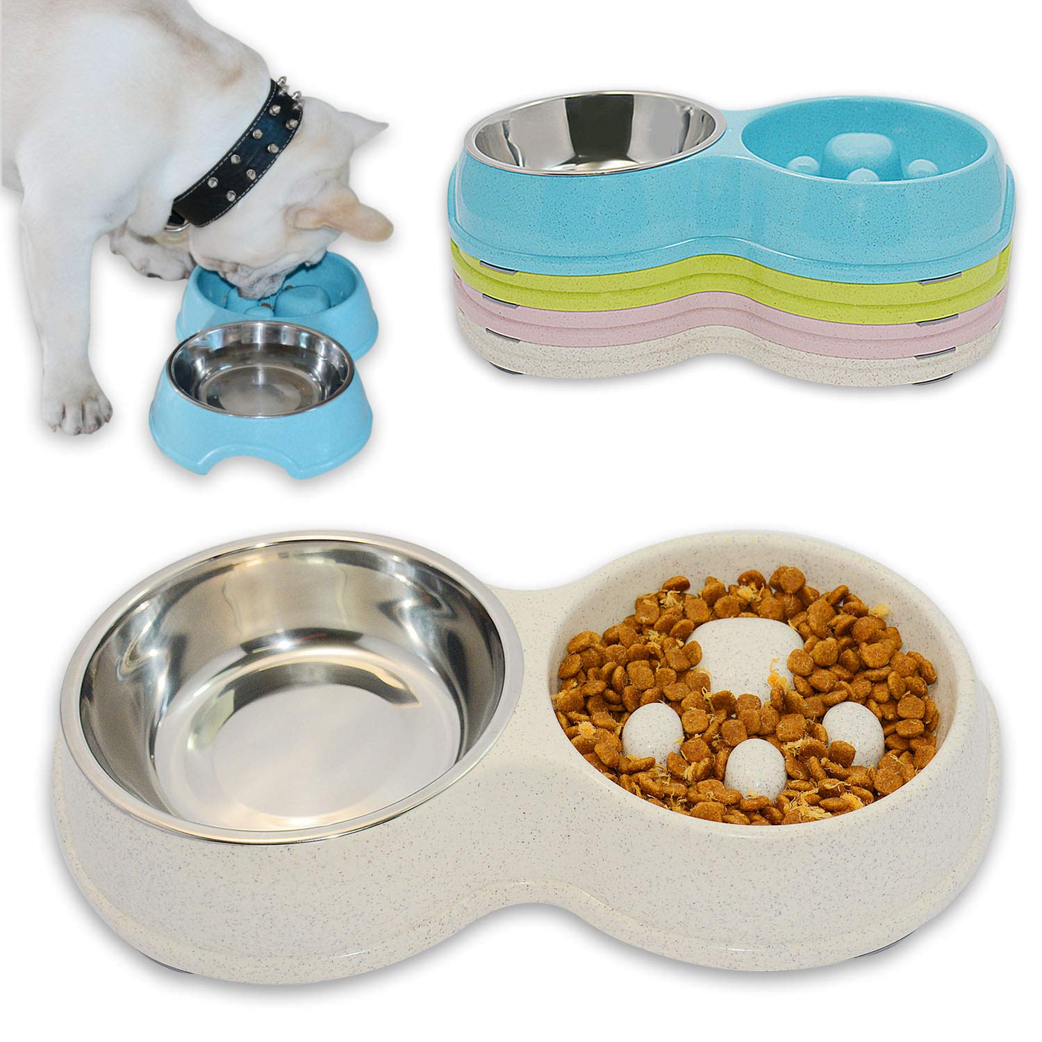 Stainless Steel Slow Feed Dog Bowl for French Bulldogs - Eco-Friendly Interactive Pet Dish to Slow Down Eating, Prevent Bloat & Aid Digestion - Perfect for Fast Eaters, Mealtime Enrichment & Training (White)