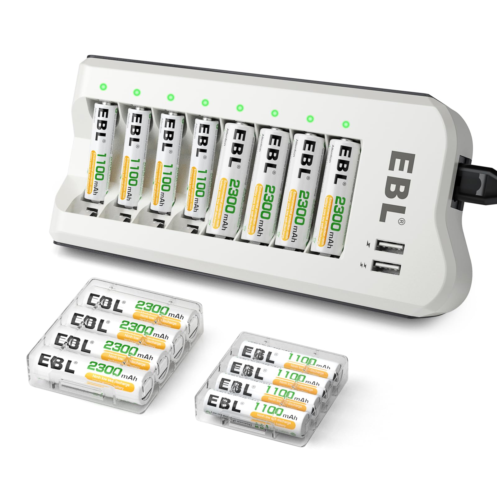 EBL 16-Pack Ni-MH Rechargeable Batteries with Smart Charger - 8 AA 2300mAh & 8 AAA 1100mAh Batteries + 2-Port USB Charger for Cameras, Toys, Flashlights & Electronics - Perfect for Home, Office & Travel Use
