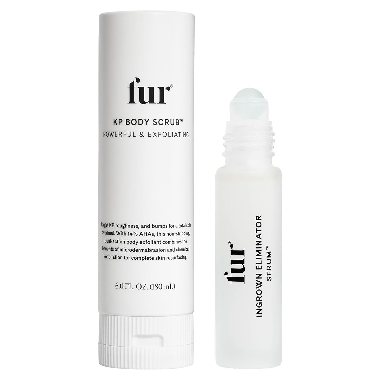 Fur KP Body Scrub & Ingrown Hair Serum Rollerball Bundle - 14% AHA Exfoliator for Keratosis Pilaris Treatment & Ingrown Hair Prevention | Smooth Skin Care for Bikini Line, Legs & Arms