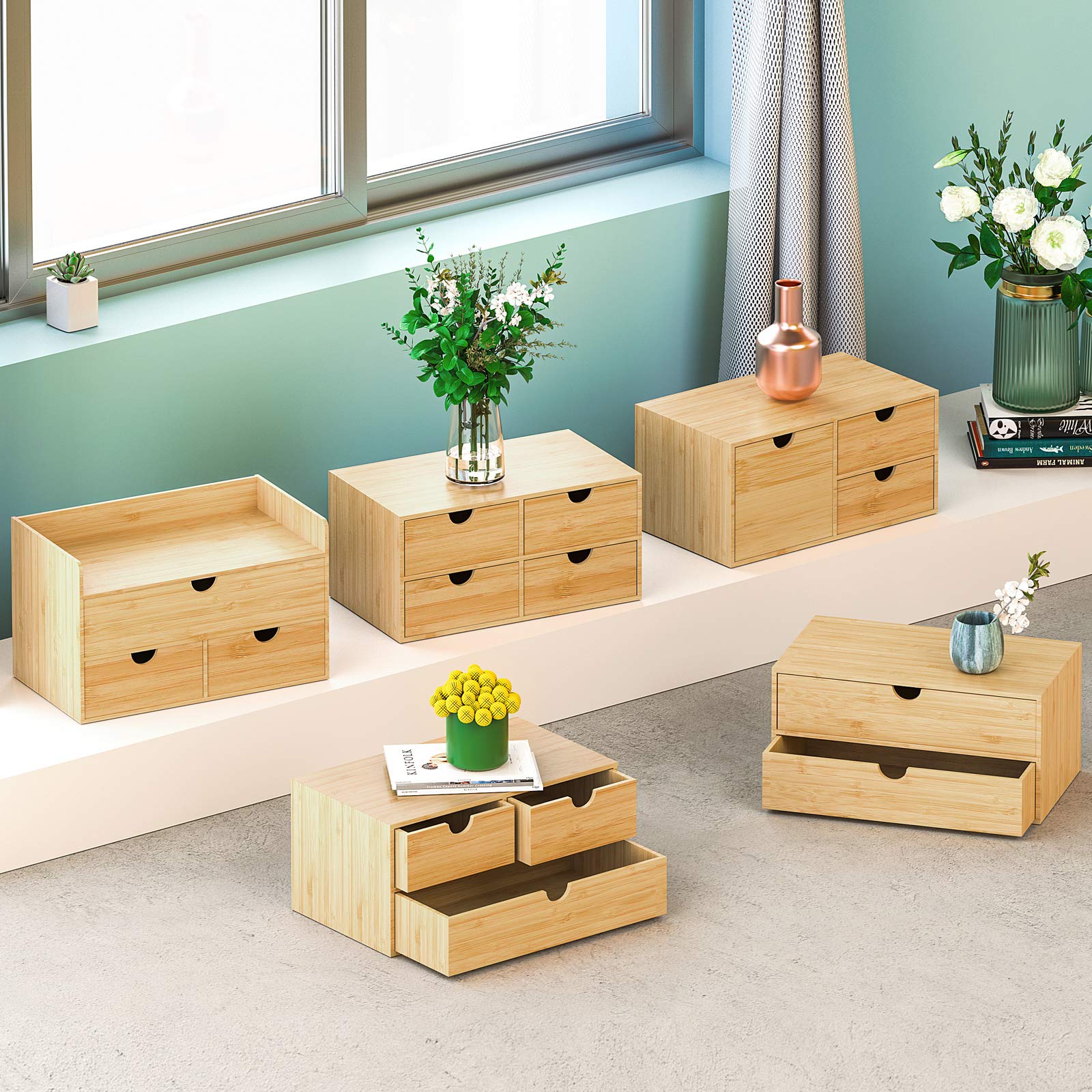 Bamboo Desk Organizer with Drawers - Wooden Desktop Storage for Office Supplies, Makeup, Bills & Kitchen Utensils | No Assembly Required | Perfect for Home Office, Vanity & Kitchen Organization