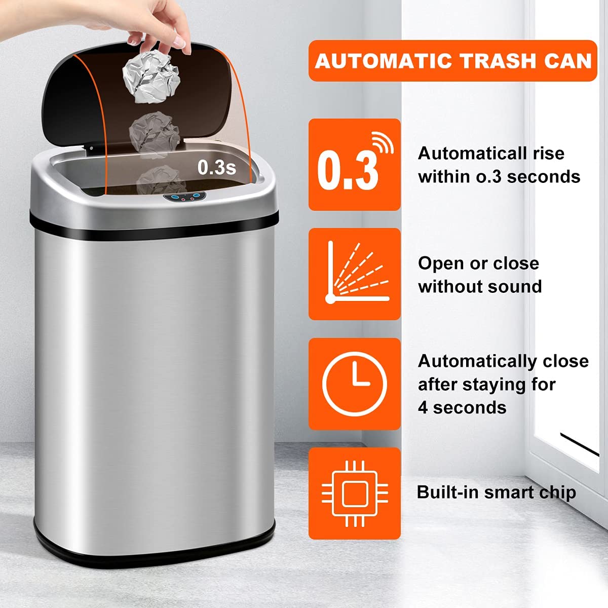 **13 Gallon Automatic Touchless Trash Can with Lid - Slim Stainless Steel Sensor Waste Bin for Kitchen, Home, Office (50L, Silver) | Hands-Free, Hygienic & Space-Saving for Living Room, Bedroom & More**