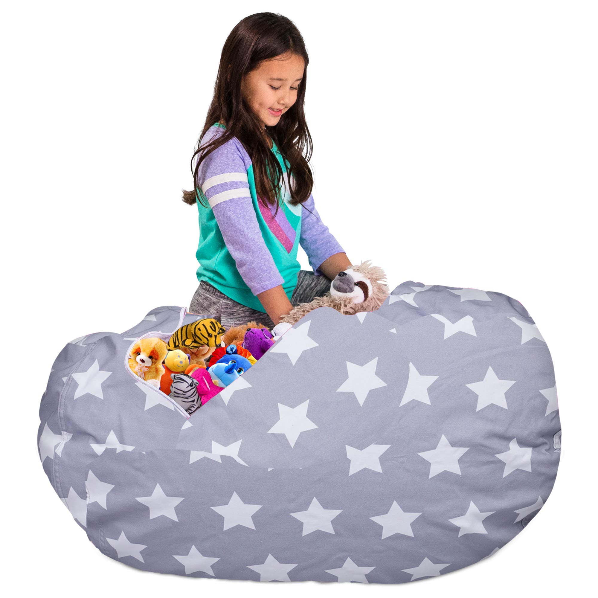 Posh Creations Kids Stuffed Animal Storage Bean Bag Chair Cover - XL 48in Toy Organizer for Children's Room, Gray with White Stars Canvas - Perfect for Playroom, Bedroom & Nursery Organization