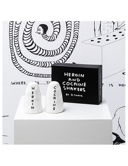 David Shrigley Heroin and Cocaine Salt and Pepper Shakers - Unique Art Collectibles for Kitchen & Dining Decor