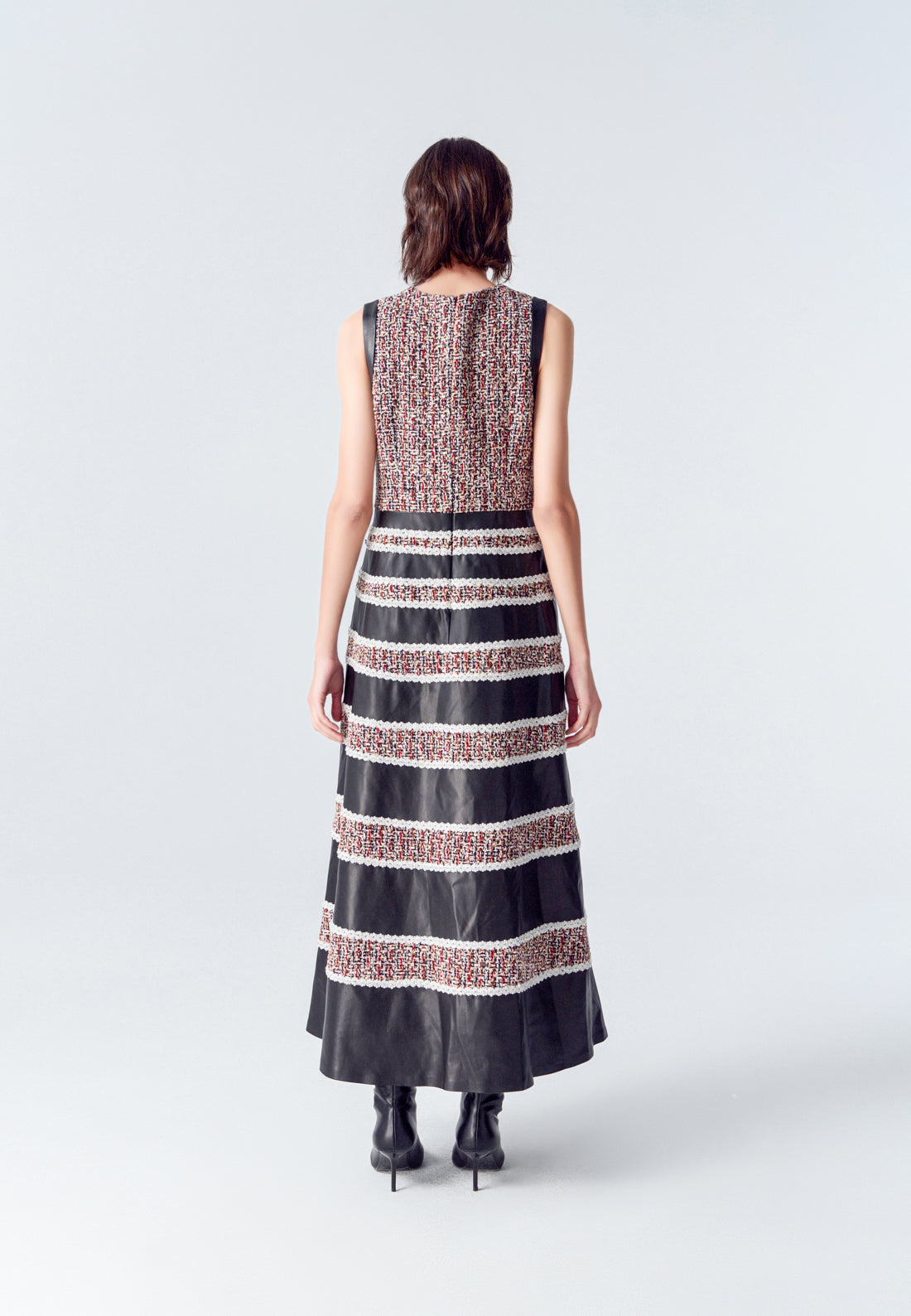 Stylish Tweed Leather Striped Sleeveless Maxi Dress for Women - Perfect for Cocktail Parties, Weddings & Evening Events