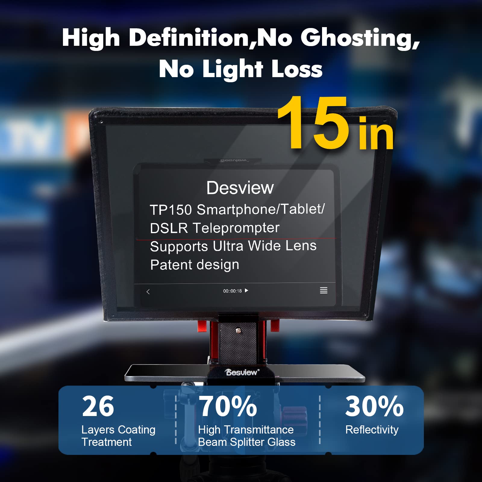 Desview TP150 15-Inch Aluminum Alloy Teleprompter with Remote Control - Compatible with iPad, Smartphone, Tablet & Camera - Portable Video Prompter Kit with Carry Case for Content Creators, YouTubers & Live Streaming
