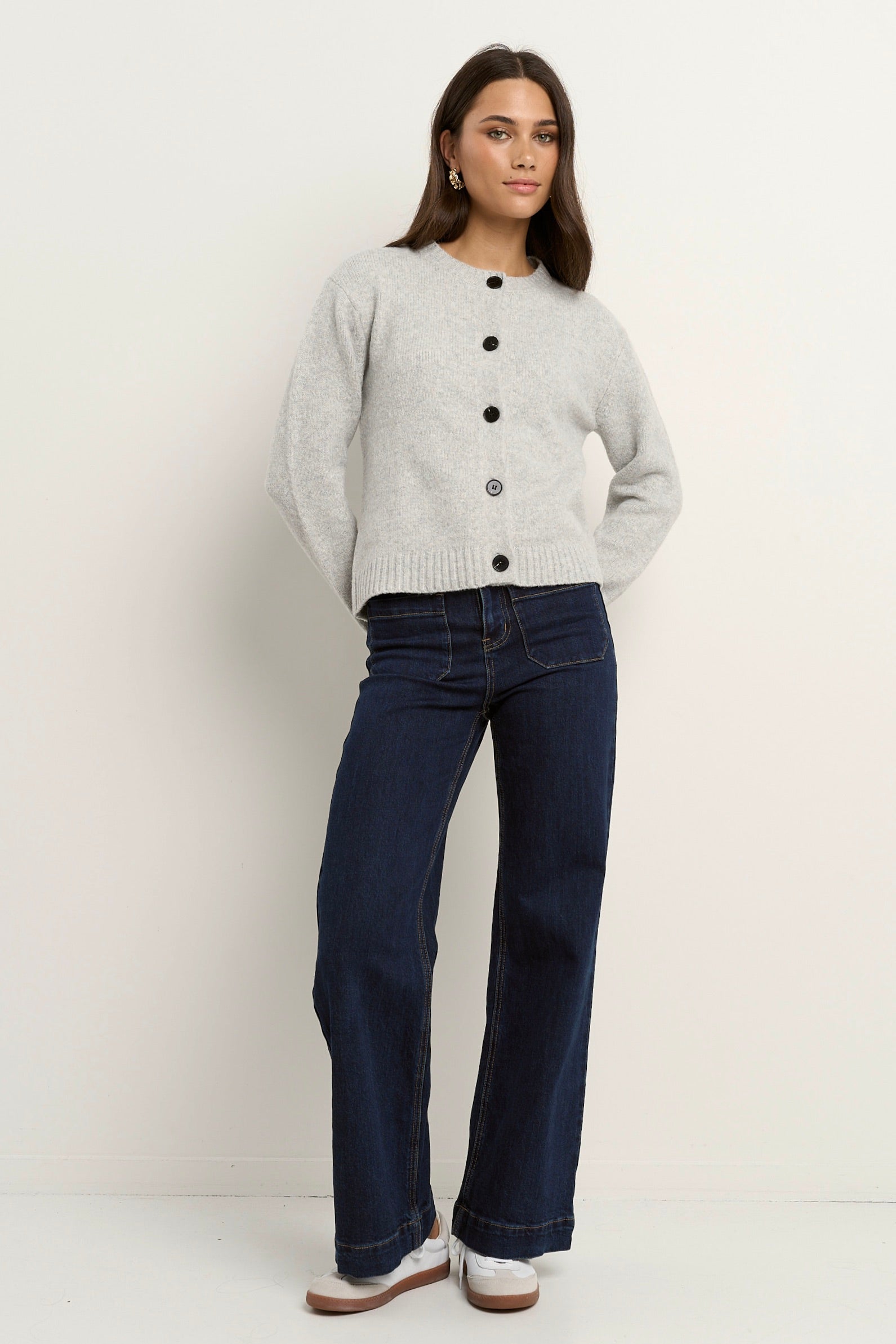 Crest Light Grey Marble Crewneck Cardigan for Women - Soft Knit Sweater for Casual Wear, Office Outfits & Fall Layering