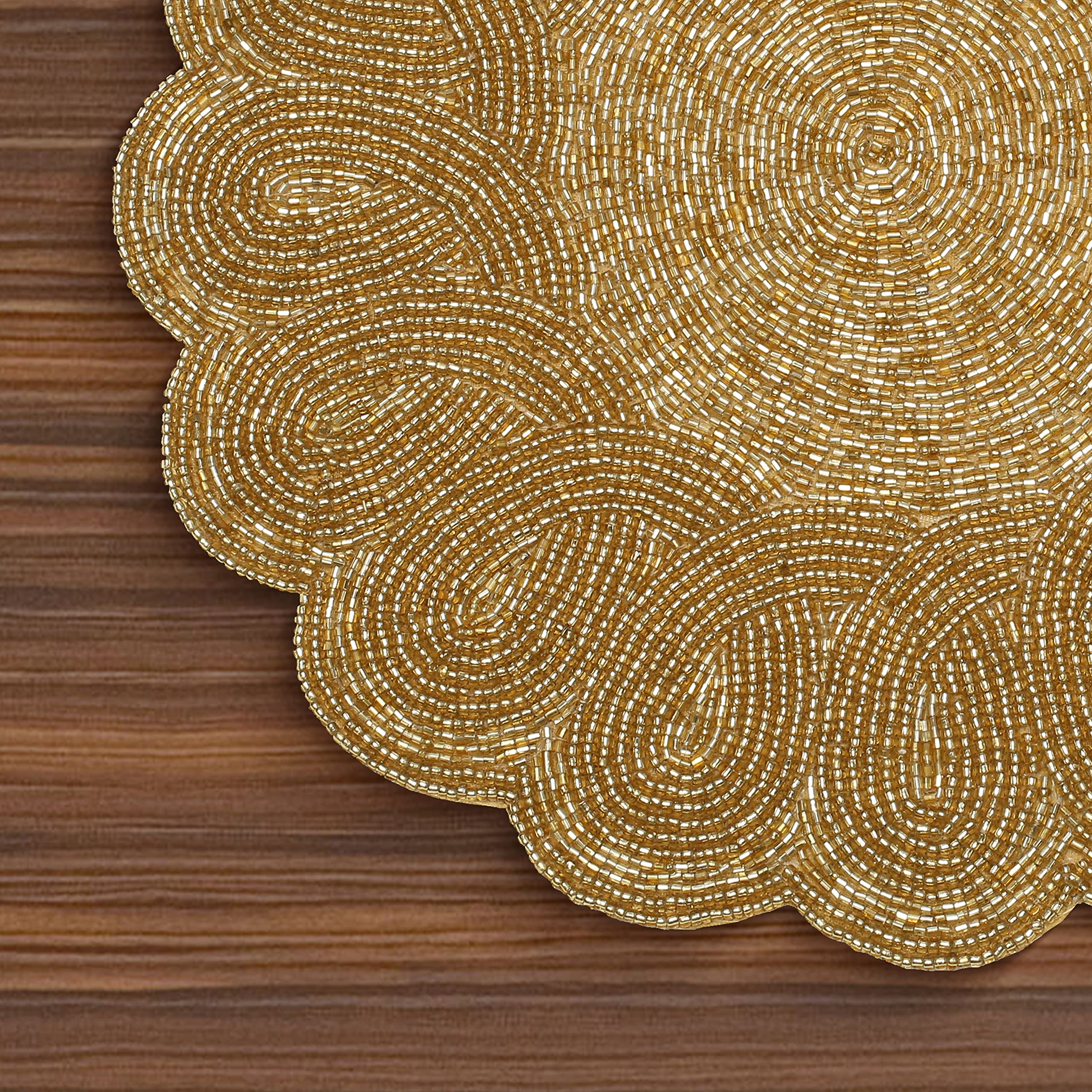 Lightnpro Christmas Beaded Placemat Set of 2 - 13 Inch Round Embroidered Gold Table Mats, Handmade Beaded Charger Plates for Holiday Dining Decor, Perfect for Christmas Dinner Party Table Setting & Festive Home Decor