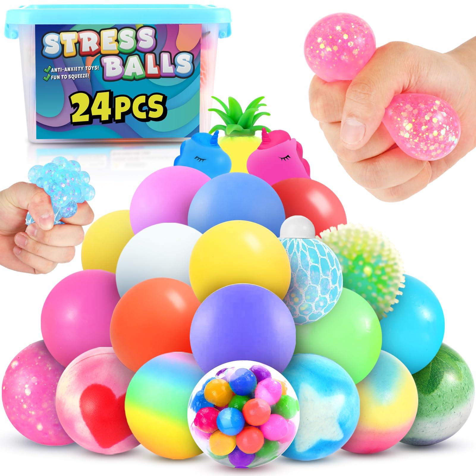 24 Pack Squishy Stress Balls for Adults & Kids - Sensory Fidget Toys for Autism, Anxiety Relief - Bulk Easter Basket Stuffers, Classroom Prizes, Travel Toys & Office Desk Stress Relief (OleOletOy Brand)
