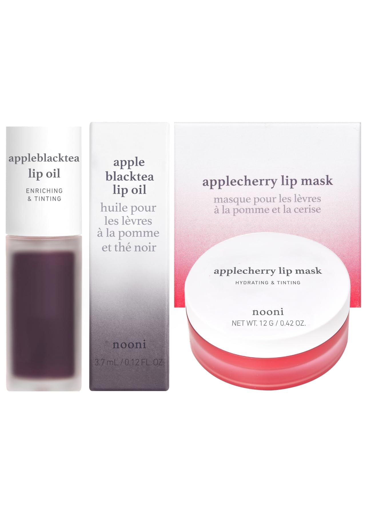 NOONI Korean Vegan Lip Oil - Apple Black Tea Flavor, 0.12 Fl. Oz + Korean Lip Butter Melting Balm - Apple Cherry Flavor, Hydrating Lip Mask Bundle for Dry Lips | Perfect for Winter Care, Daily Moisturizing & Overnight Lip Treatment