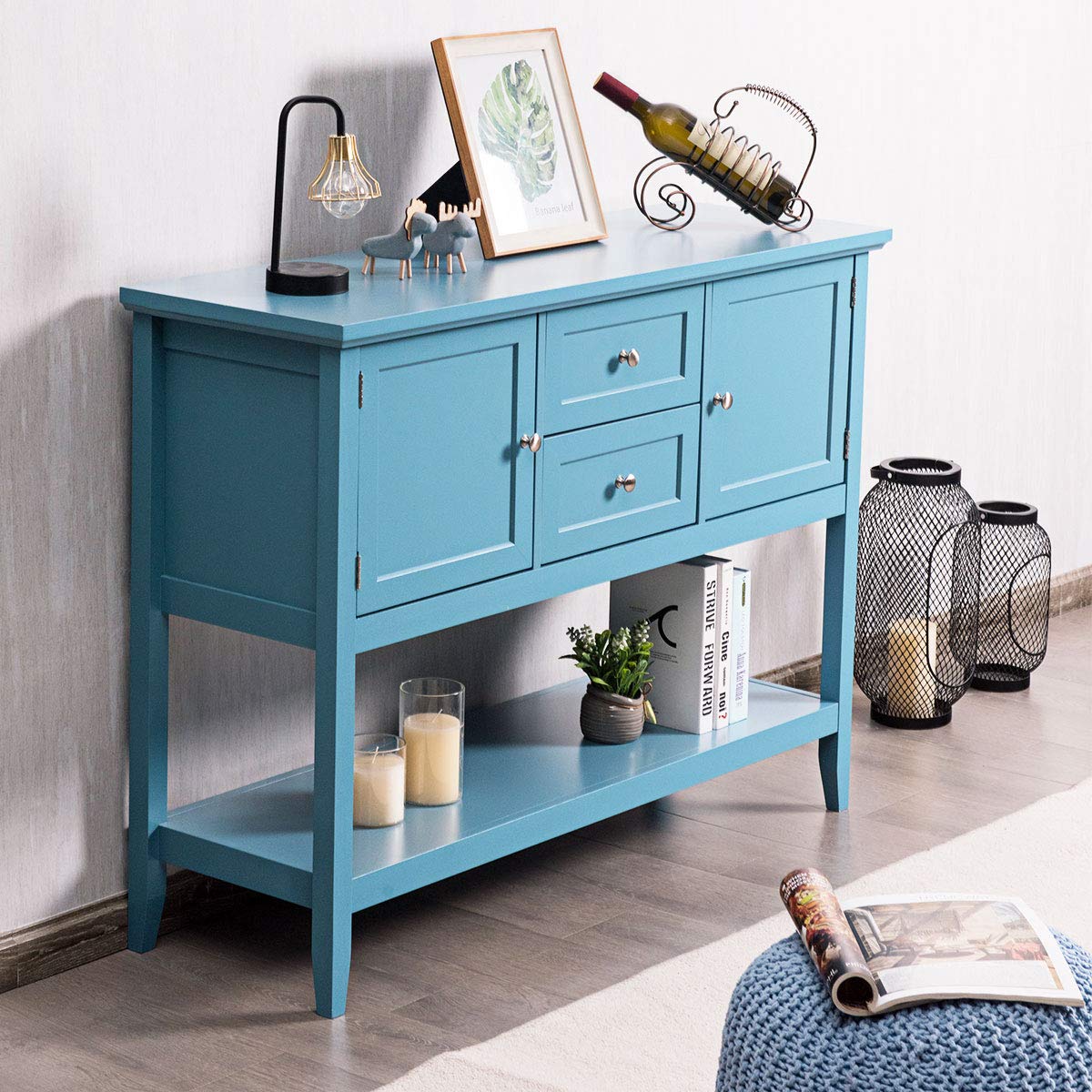 Giantex Wood Buffet Sideboard Storage Cabinet - 2 Drawers & Shelves, Kitchen Dining Room Console Table - Aqua Blue | Perfect for Living Room Storage, Buffet Serving & Home Organization