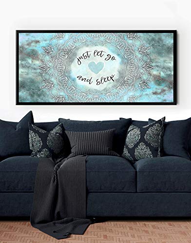 Boho Just Go And Sleep Large Canvas Wall Art - Bohemian Decor for Master Bedroom, Mandala Wall Art Above Bed (Teal & Black Floating Frame 42x19) - Perfect for Home, Office & Meditation Spaces