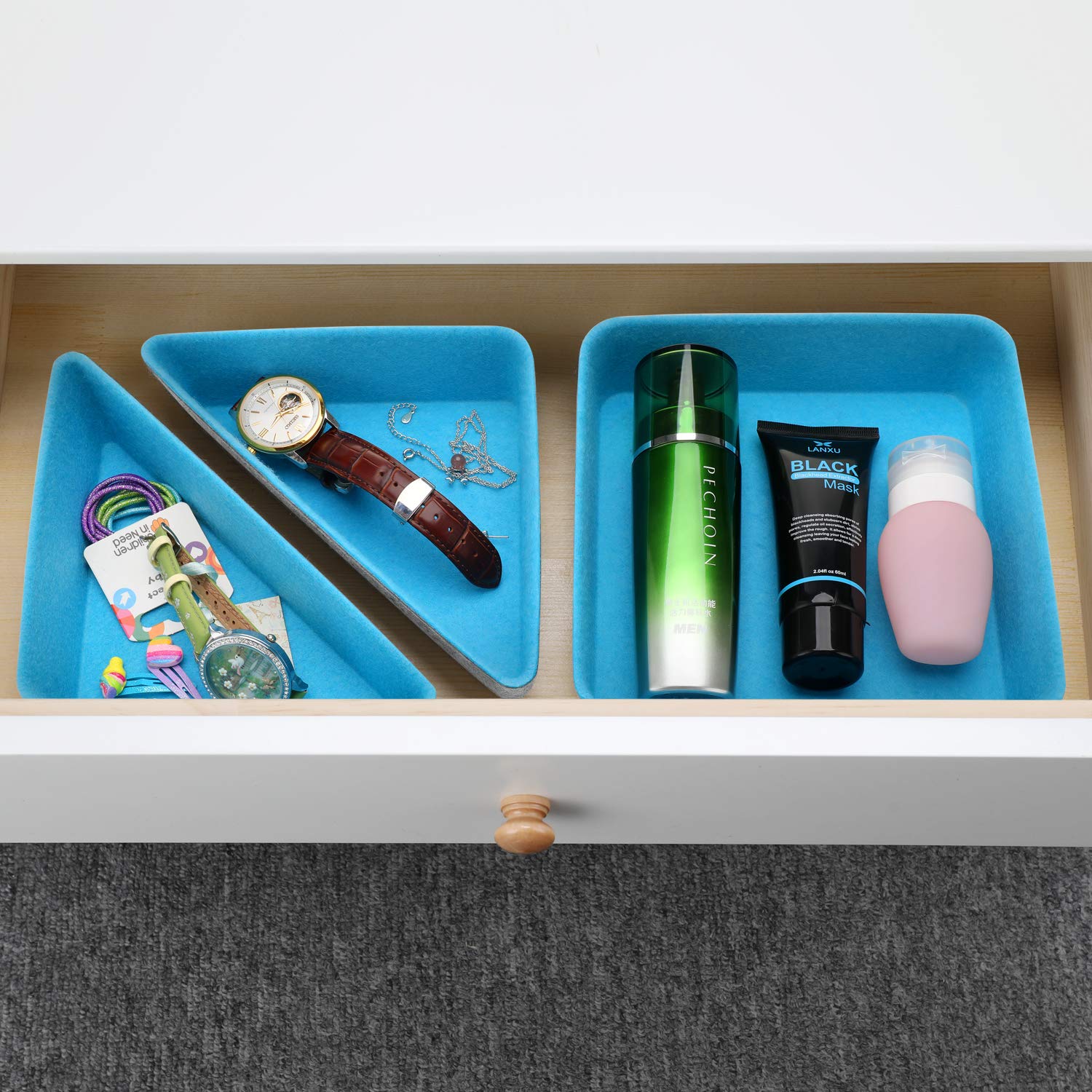 Welaxy 3-Pack Felt Drawer Organizer Trays - Sky Blue Desktop Storage Bins for Office, Kitchen, Bathroom & Closet Organization