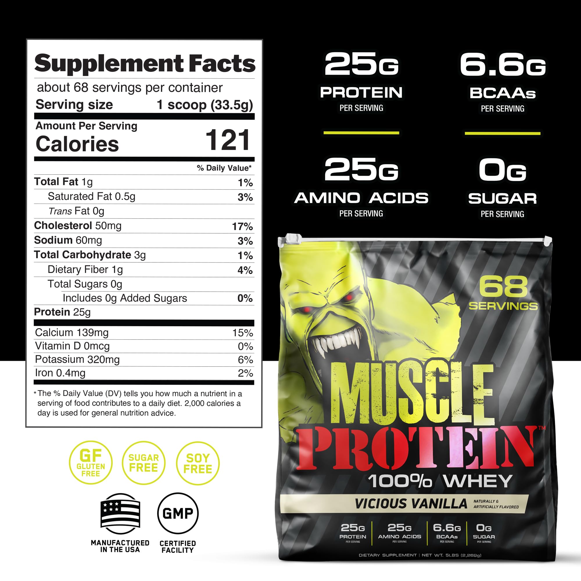 Muscle Protein Whey Powder - 5 lbs Cold Filtered Whey Protein with 25g Pure Protein & 6.6g BCAAs per Serving (Vanilla) - Ideal for Post-Workout Recovery & Muscle Building