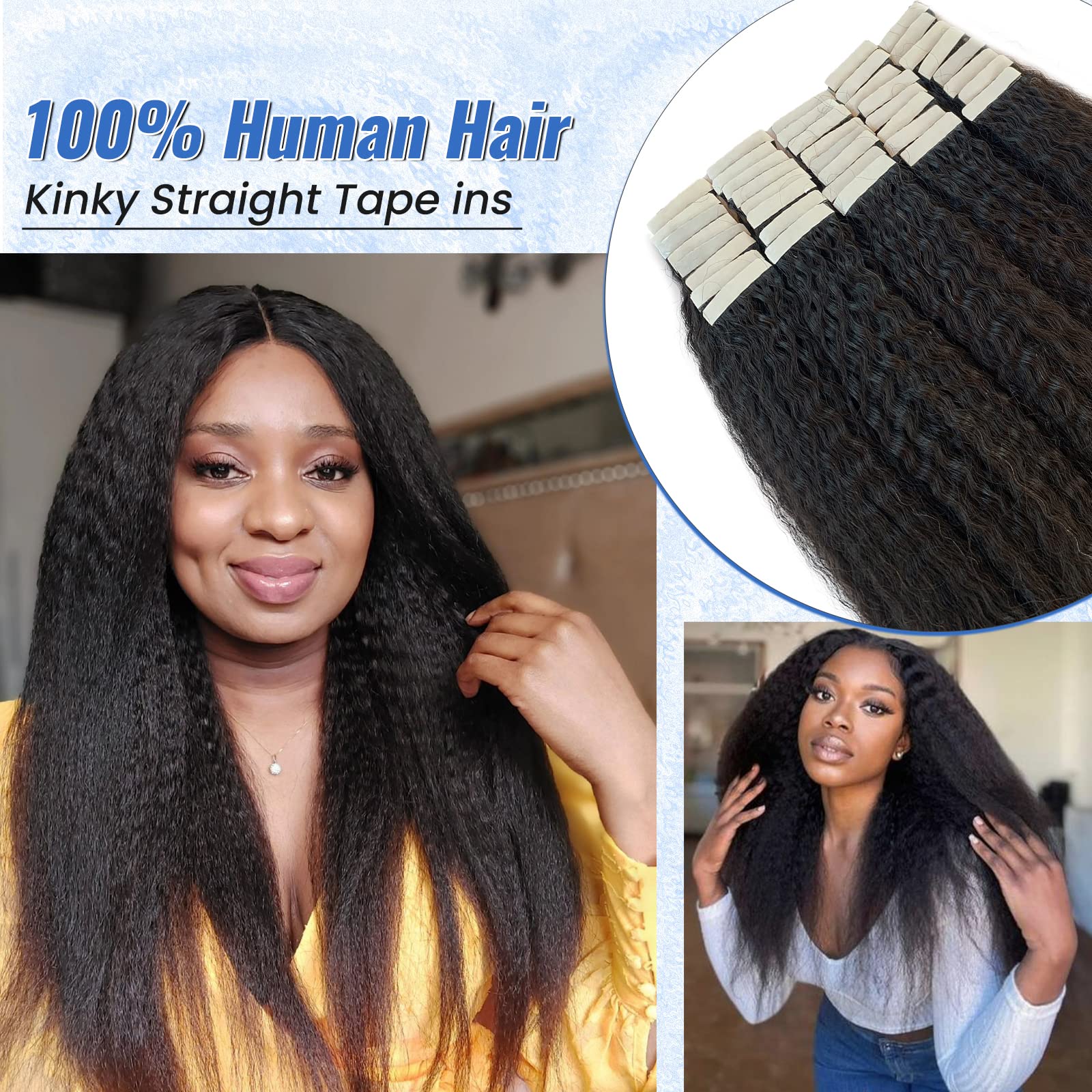 Brazilian Virgin Tape in Hair Extensions 20 Inch - 40 Pieces 100G Double Sided Human Hair for Black Women (#1B Natural Black) | Kinky Straight Tape Ins for Styling, Volume & Length | Perfect for Daily Wear, Special Occasions & Protective Hairstyles