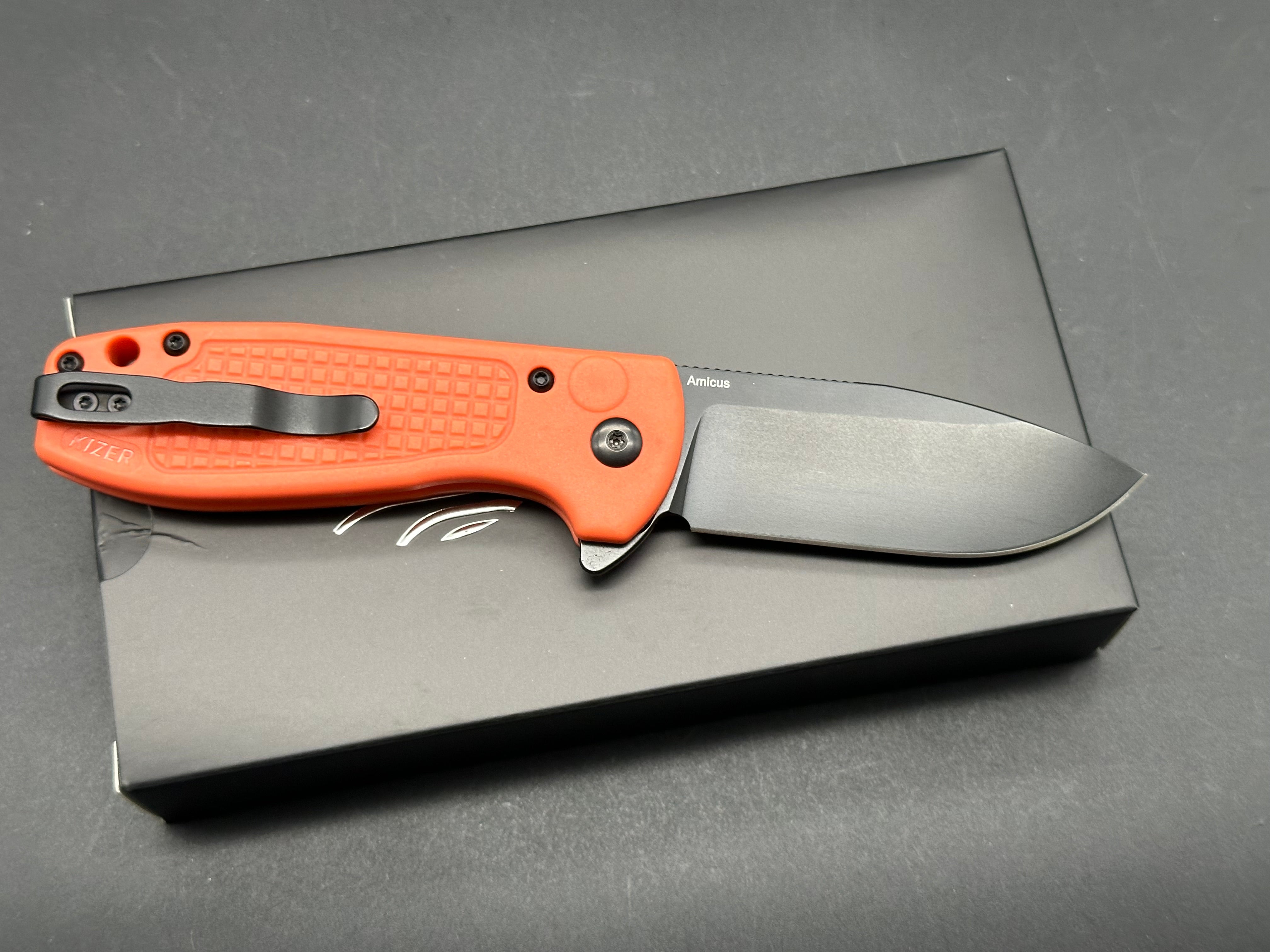 Kizer Amicus Folding Knife - Nitro V Blade, Button Lock, Orange FRN Handle, L3002M2 (2.95