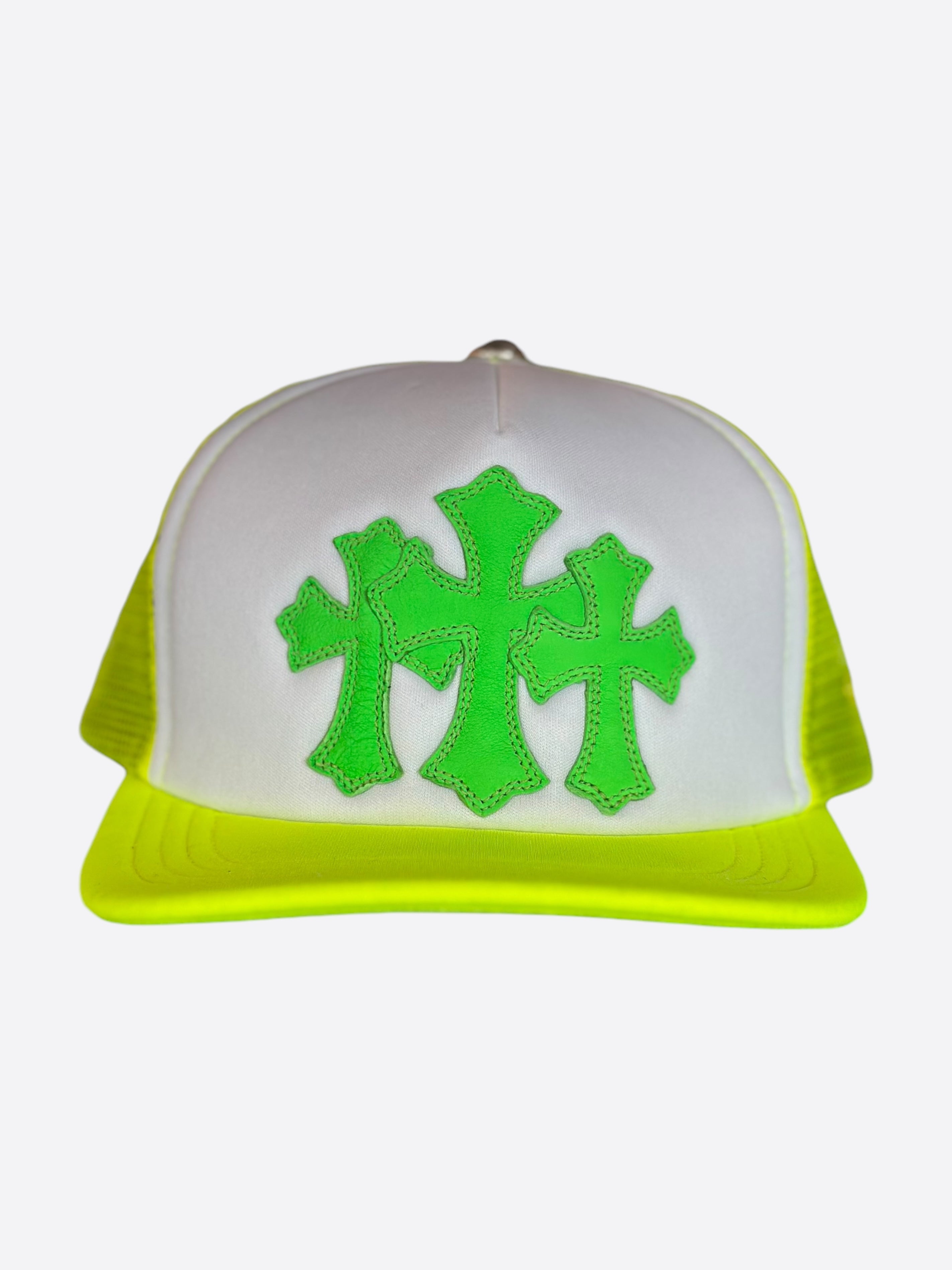 Chrome Hearts Neon Yellow Cemetery Cross Patch Trucker Hat - Stylish Embroidered Snapback Cap for Men & Women - Perfect for Streetwear, Concerts, and Outdoor Adventures