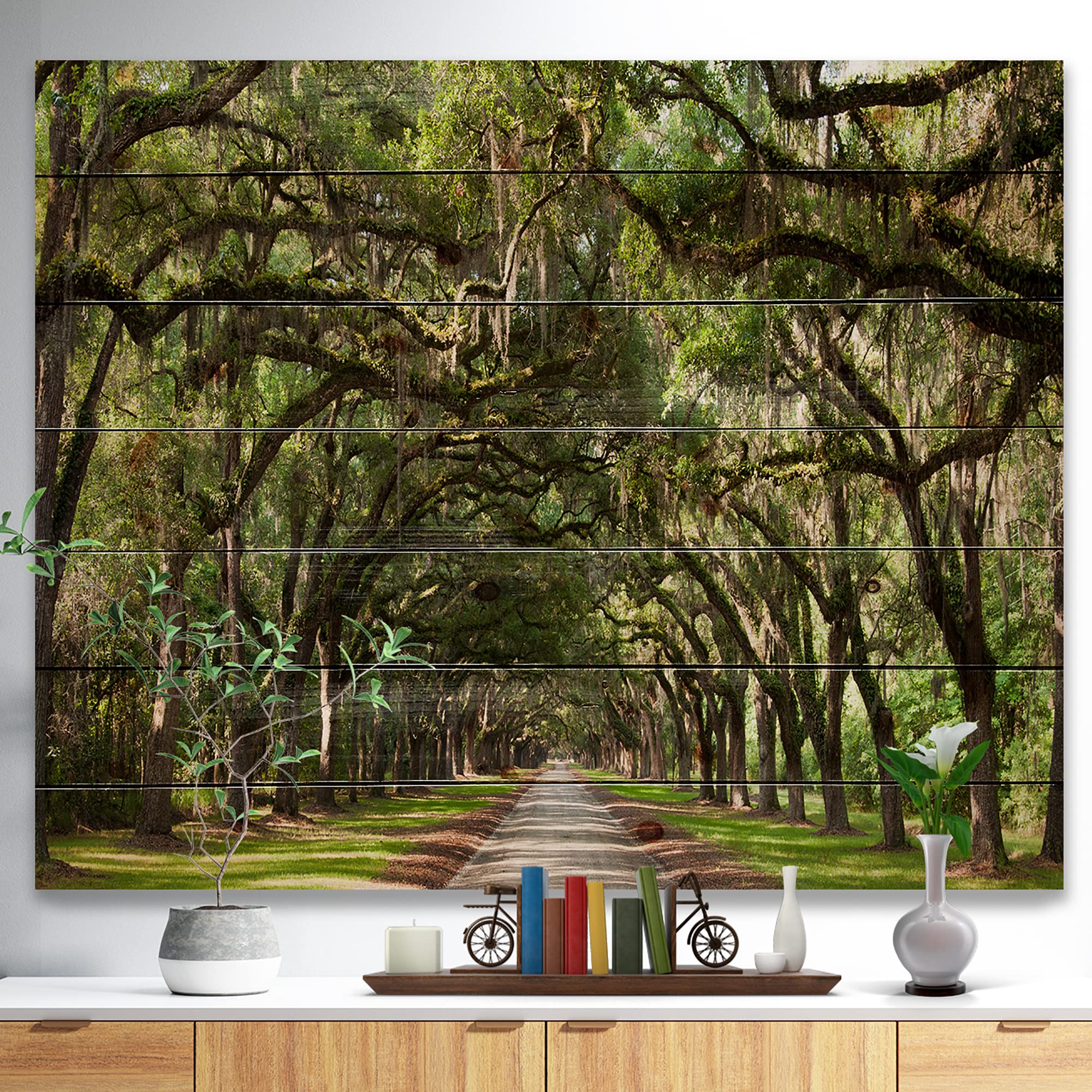 DesignQ Live Oak Tunnel Traditional Wood Wall Decor - Green Wood Wall Art, Large Landscape Wood Panels Printed on Natural Pine - Perfect for Living Room, Bedroom & Office Decor