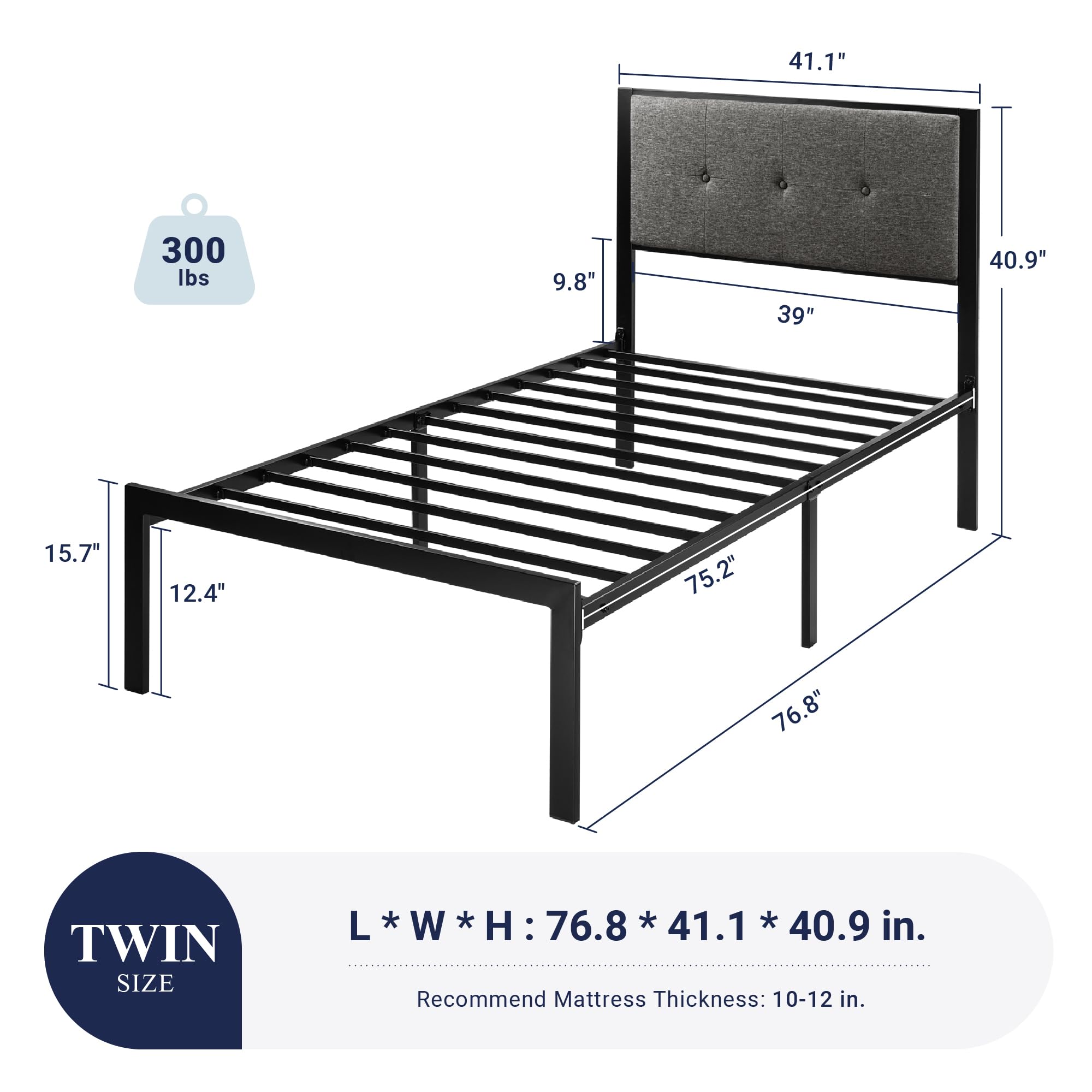 Allewie Twin Size Bed Frame with Upholstered Button Tufted Headboard - 12.4