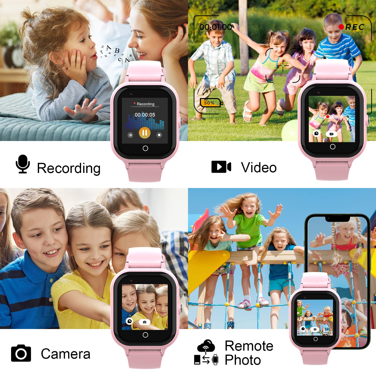 Wonlex 4G Kids Smart Watch with GPS Tracker, SIM Card, SOS Camera & Video Call - Waterproof Smartwatch for Girls Boys Age 4-12 - Perfect for School, Outdoor Play & Birthday Gifts (Pink)
