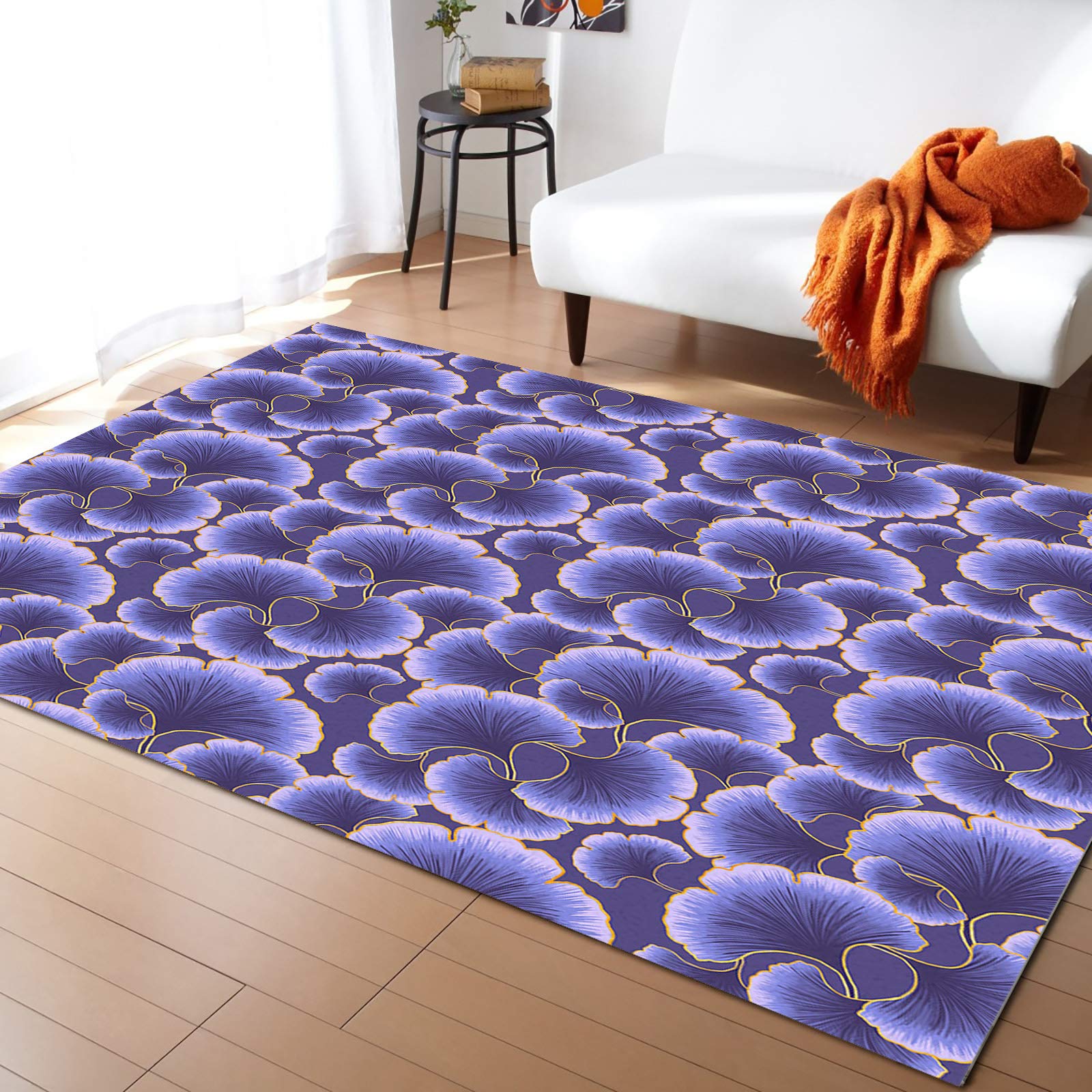 Non-Slip 5'x7' Purple Ginkgo Leaves Area Rug with Golden Line Pattern - Luxury Indoor Carpet for Bedroom, Living Room, Kids Room, Kitchen & Bathroom - Perfect for Home Decor and Floor Protection