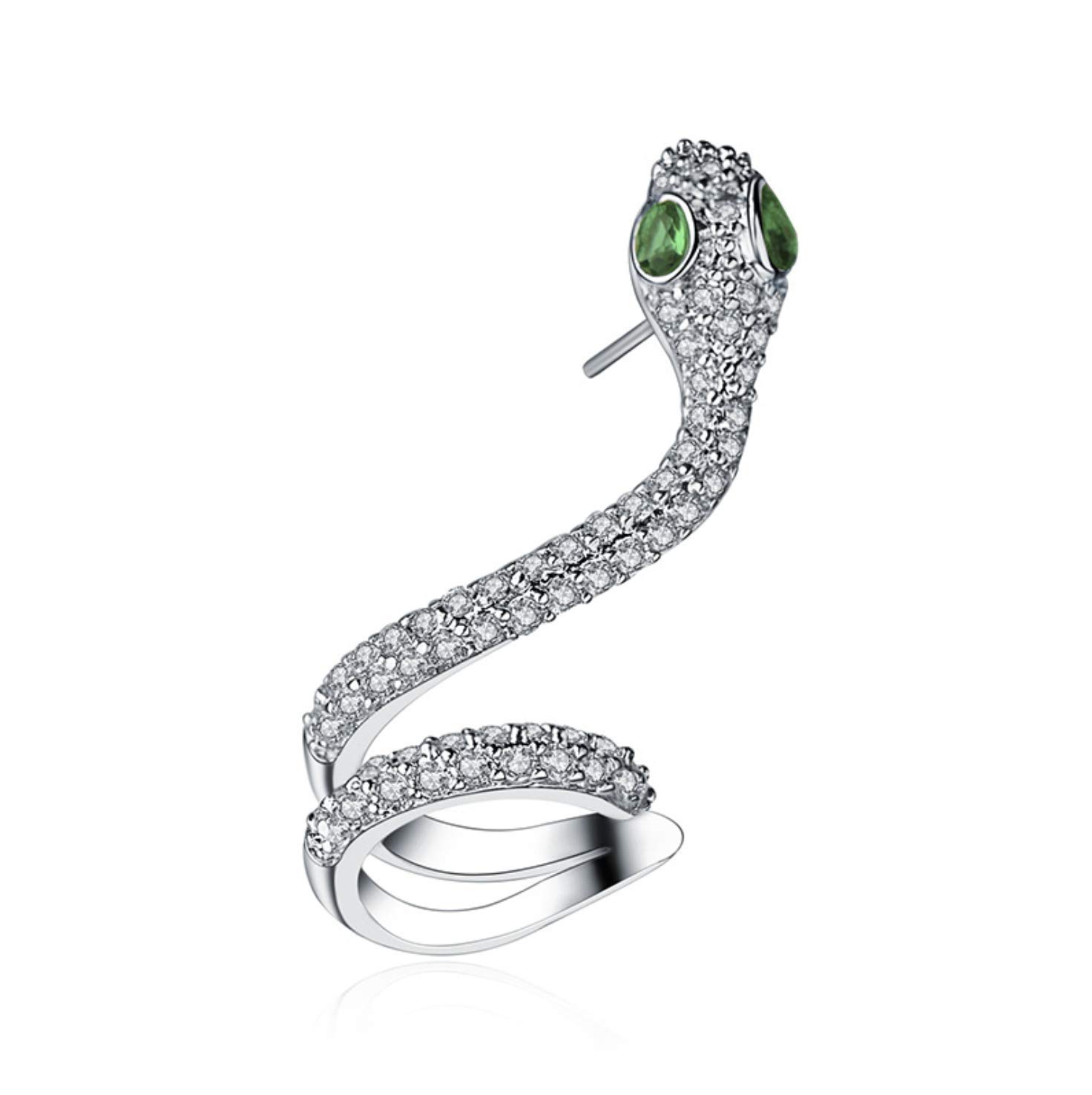 White Gold Plated Dainty Snake Cuff Ear Clip Stud with Green Cubic Zirconia Eyes, Fashion Jewelry Gift for Women, Perfect for Parties & Evening Events (Single Piece)