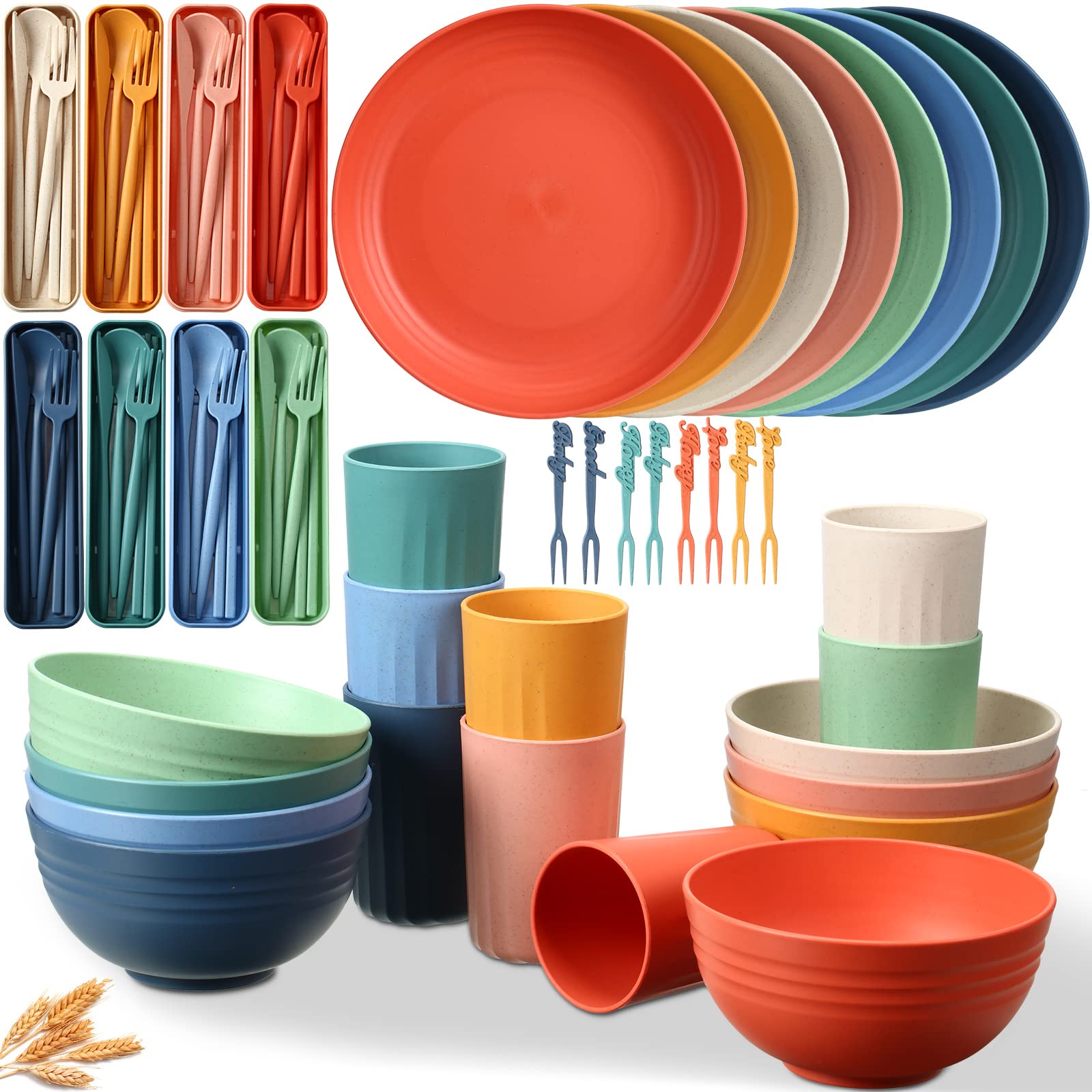 56-Piece Wheat Straw Dinnerware Set - Unbreakable Plastic Plates & Bowls for Kids, Travel, Picnic, Camping | Colorful, Dishwasher & Microwave Safe, Lightweight Reusable Tableware | Perfect for Outdoor Adventures, Family Gatherings & Daily Meals