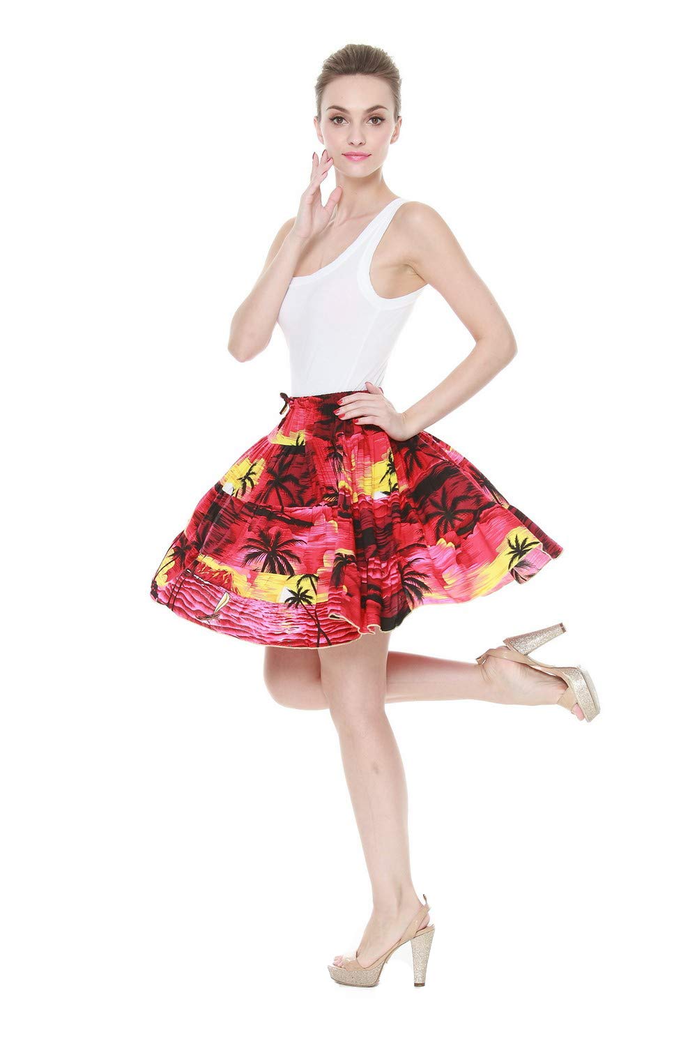 Sunset Red Women's Hawaiian Crinkled Four-Tiered Skirt with Underlay - Perfect for Beach Vacations, Luau Parties & Summer Outfits