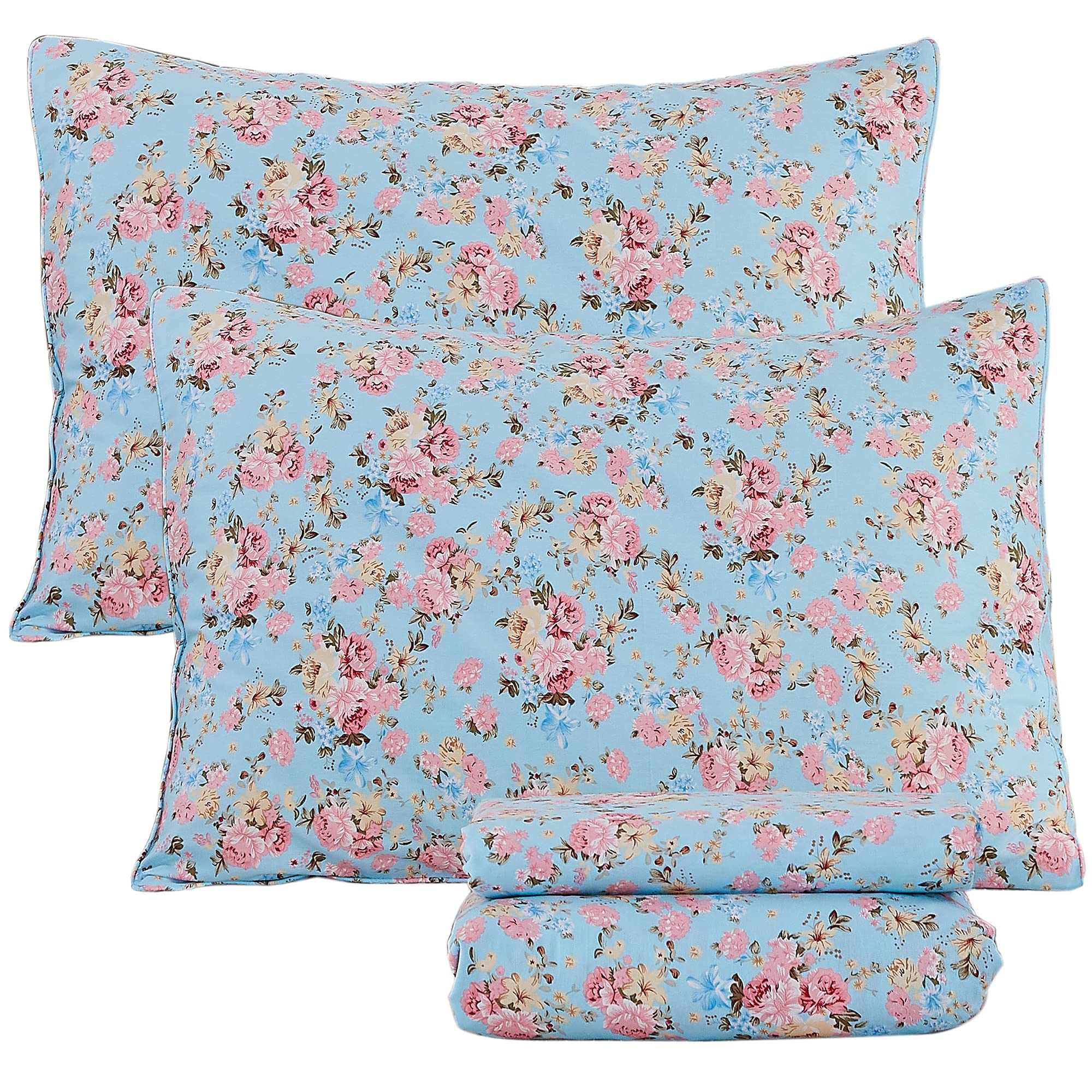 Vintage Rose Floral Queen Sheet Set - 100% Cotton Soft Bedding 4Pcs with Deep Pocket Fits 16