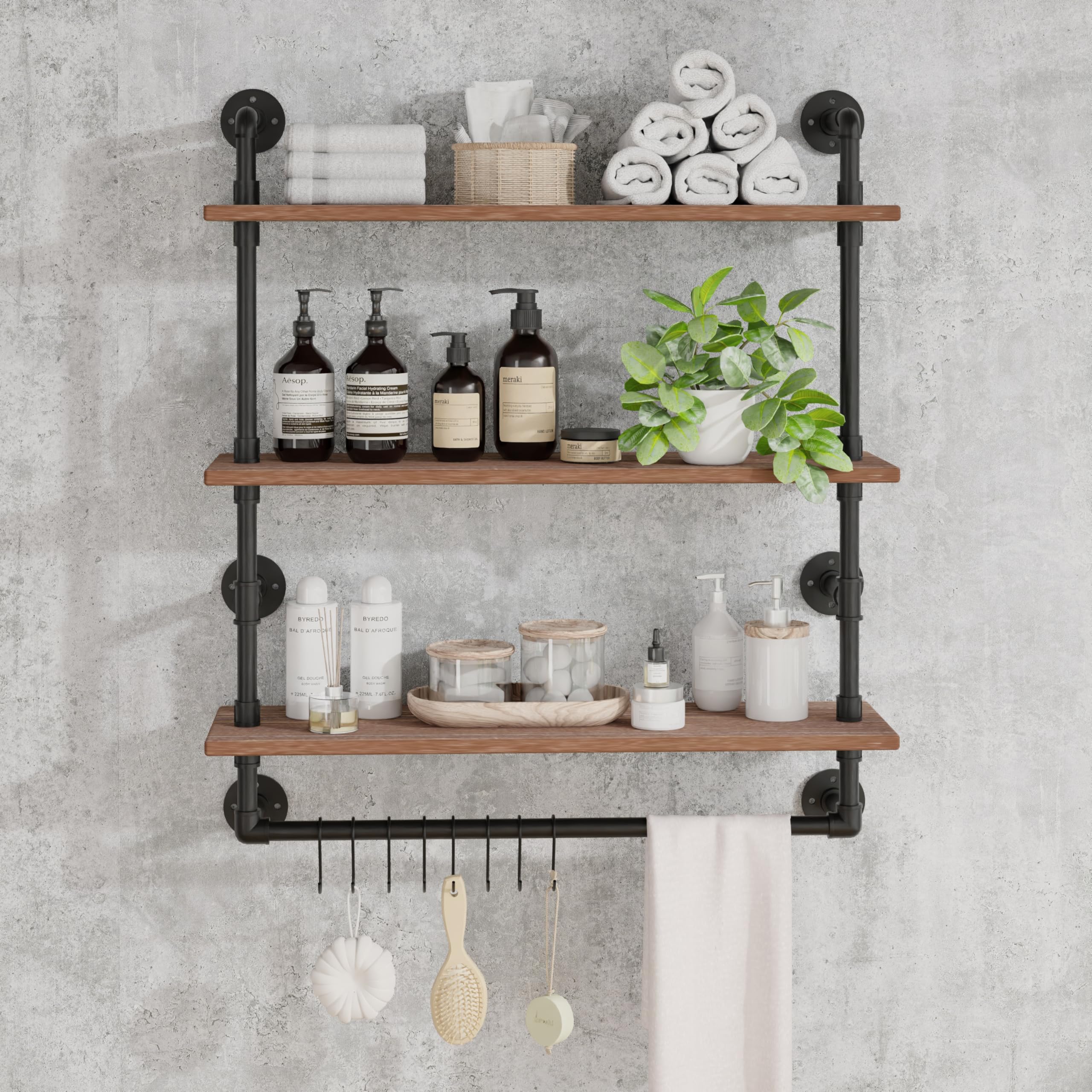 ROGMARS 24 Inch Industrial Pipe Shelving - Rustic Floating Wall Shelf with Towel Bar & Hooks, 3-Tier Bathroom Storage Shelf for Towels, Decor & Organizing | Perfect for Small Spaces, Laundry Rooms & Farmhouse Style Homes