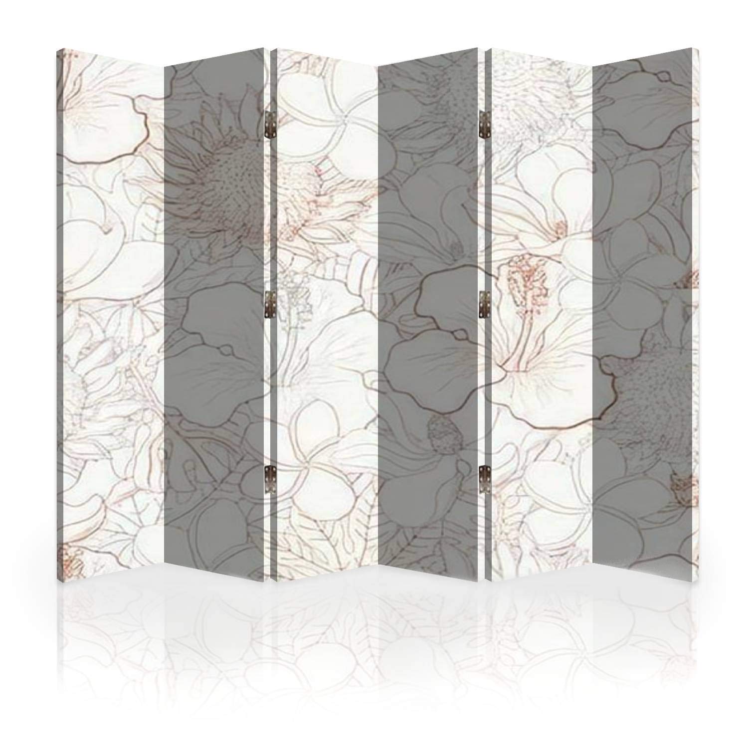 6-Panel Canvas Room Divider Screen with Tropical Flowers & Hand-Drawn White Exotic Blooms - Folding Privacy Partition for Bedroom, Office, and Living Room Spaces