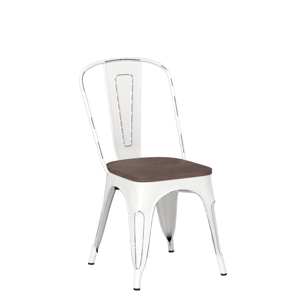 Furniwell 4-Pack Stackable Metal Dining Chairs with Wood Seat - Industrial Tolix Style Indoor/Outdoor Kitchen, Dining Room, Bistro & Cafe Chairs (White) - Perfect for Home, Restaurant and Patio Use