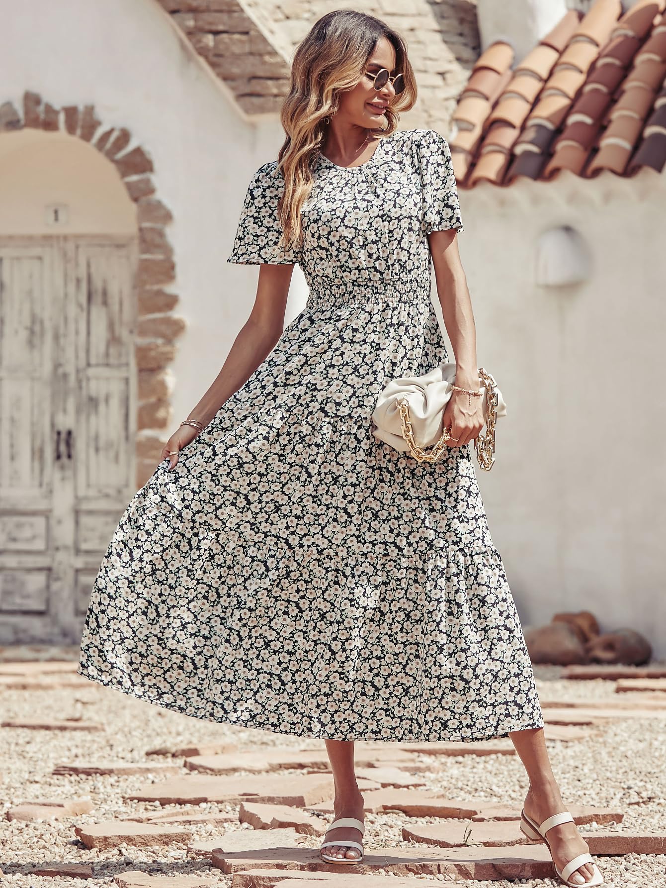 Floerns Women's Short Sleeve Boho Floral A-Line Smocked Midi Dress - Black Floral Print Size XL - Perfect for Summer Vacations, Beach Parties & Casual Outings