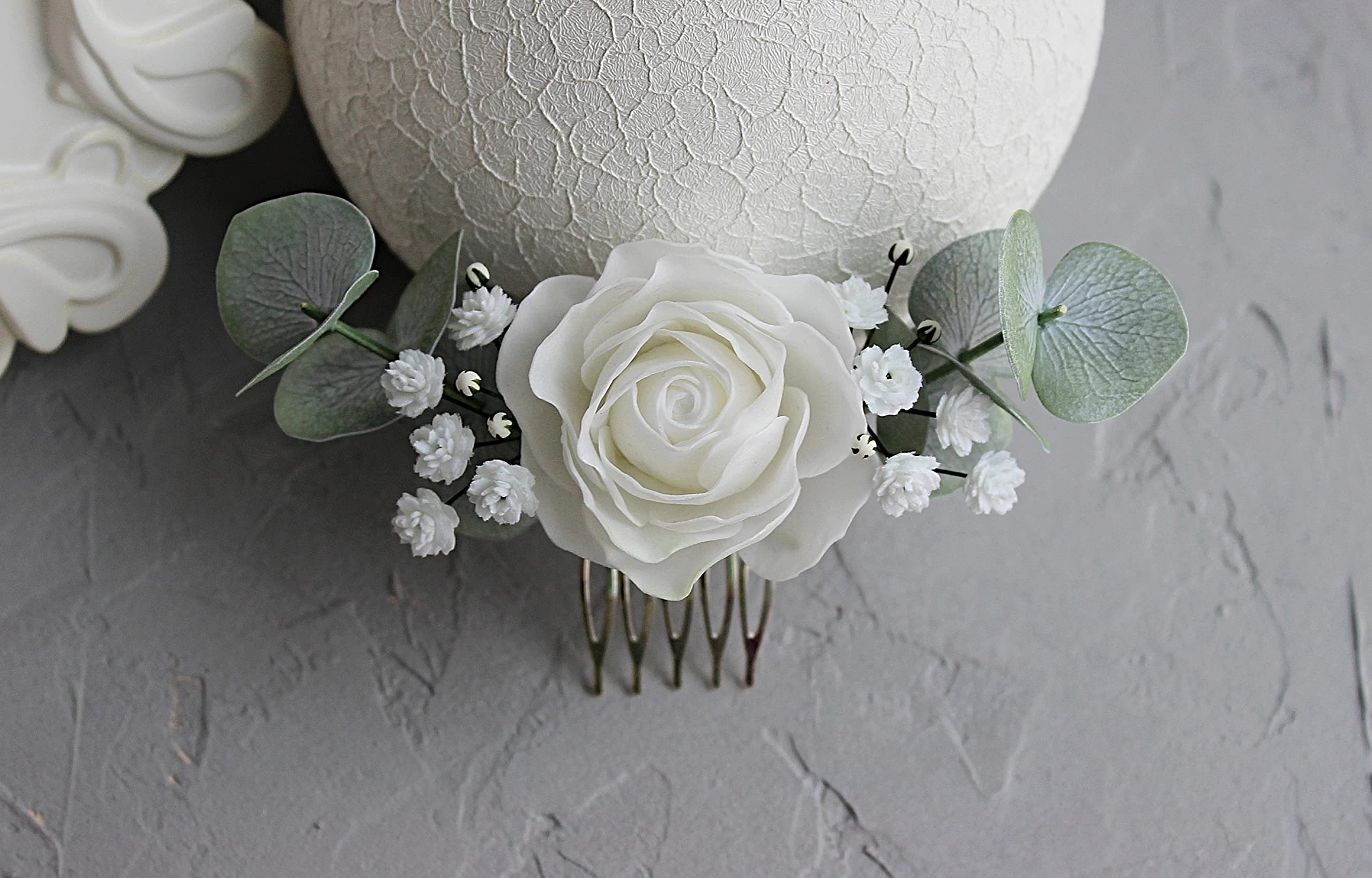 Baby's Breath Rose Eucalyptus Wedding Hair Comb - Bridal Hair Accessory for Weddings, Boho Bridal Hairpiece, Greenery Hair Pins - Perfect for Boho Weddings, Beach Ceremonies & Bridal Showers