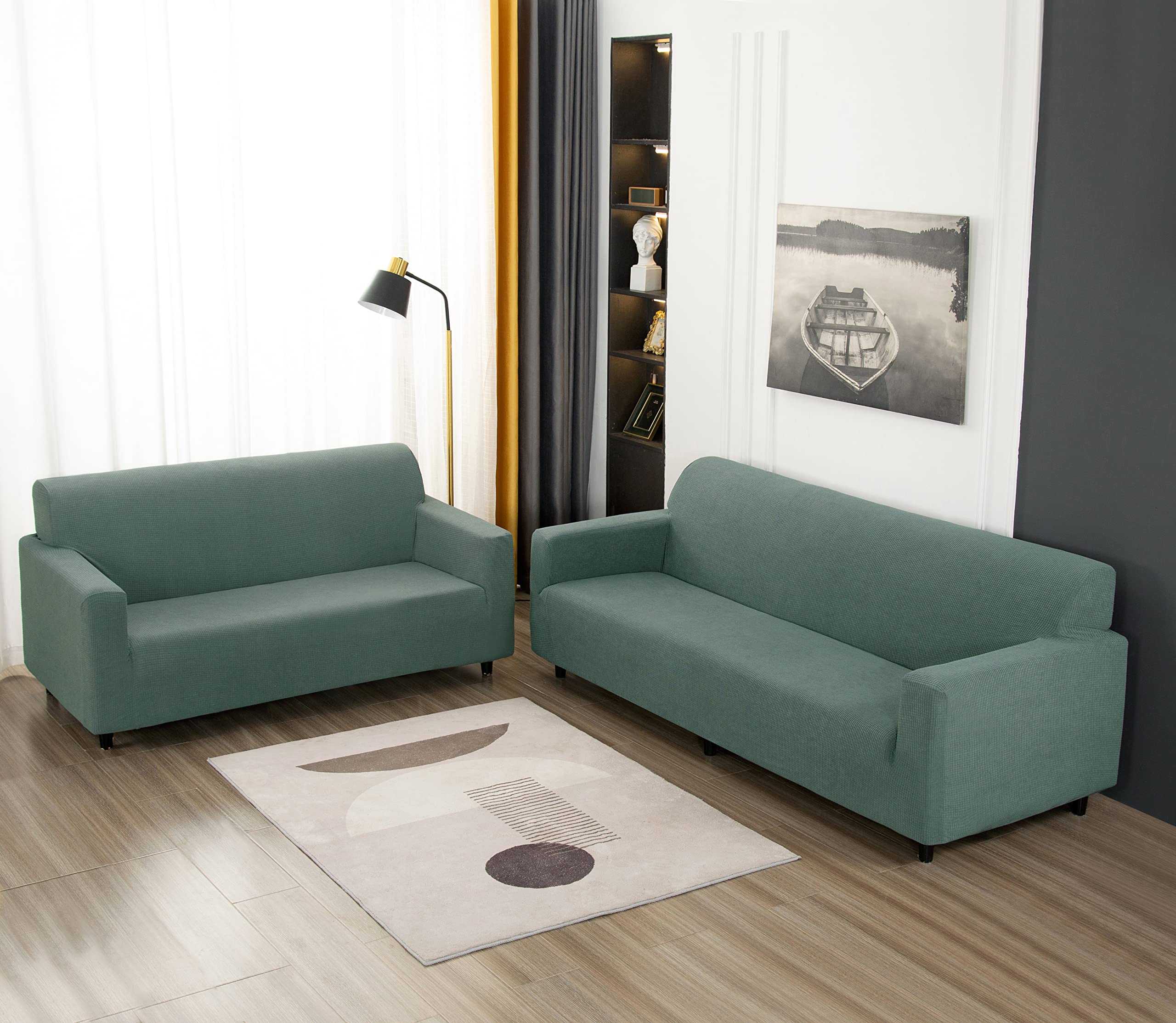 3-Piece Sofa Cover Set - Jacquard Velvet Slipcovers for 1, 2, 3 Seater Couches, Loveseats & Armchairs - Green Furniture Protector for Living Room, Bedroom & Office (Sofa+Loveseat+Armchair)