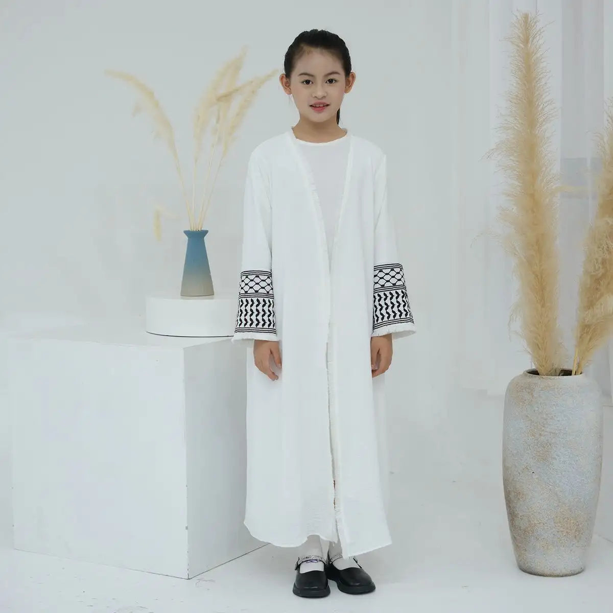 Muslim Mother Daughter Matching Abaya Dress with Embroidery & Tassel Sleeves - Elegant Cardigan Open Design for Women & Girls - Perfect for Eid, Ramadan, Wedding & Special Occasions