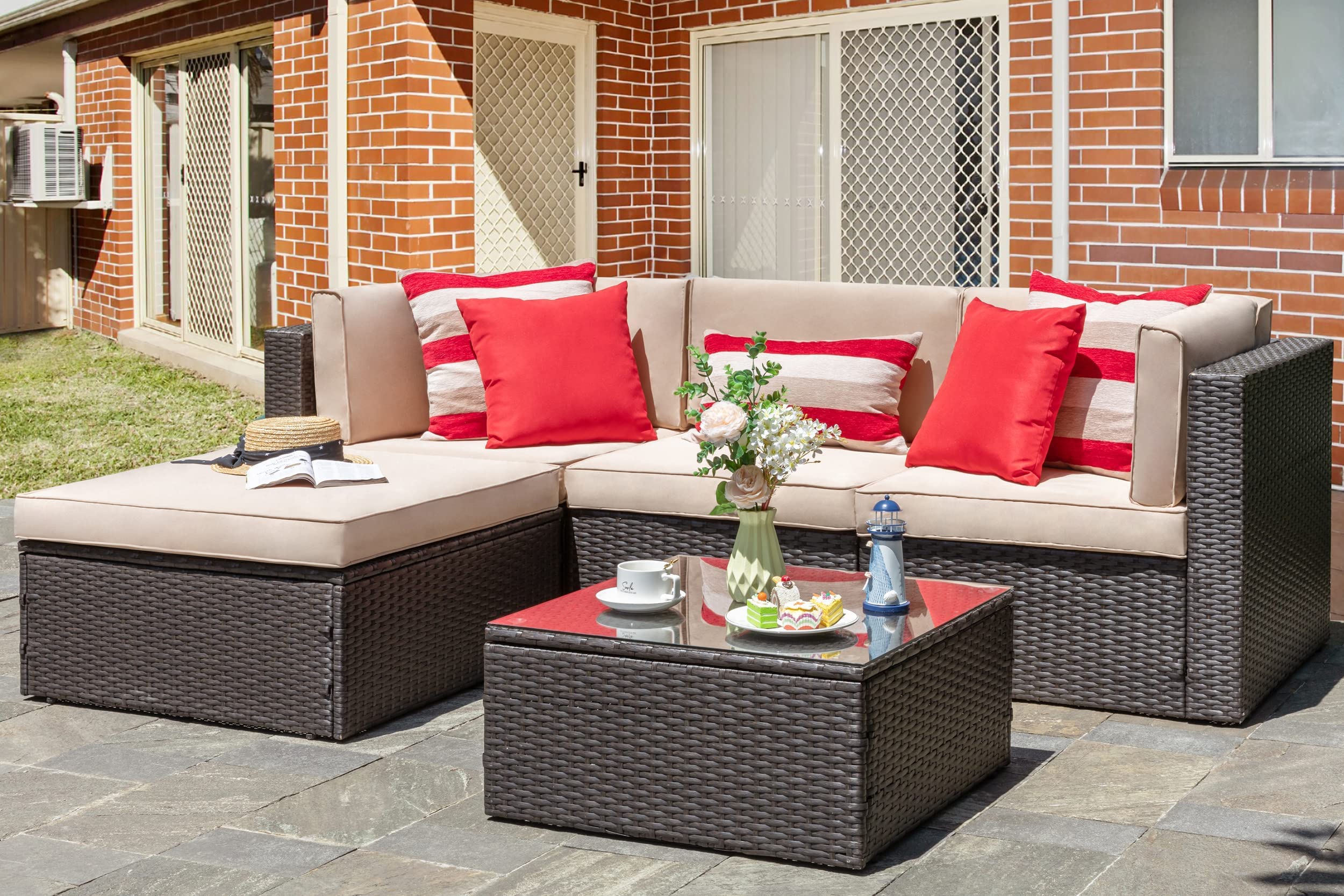 5-Piece All-Weather Brown PE Wicker Outdoor Patio Furniture Set - Garden Conversation Sectional Sofa with Ottoman, Glass Table & Red/Beige Pillows - Perfect for Backyard, Poolside & Terrace Relaxation