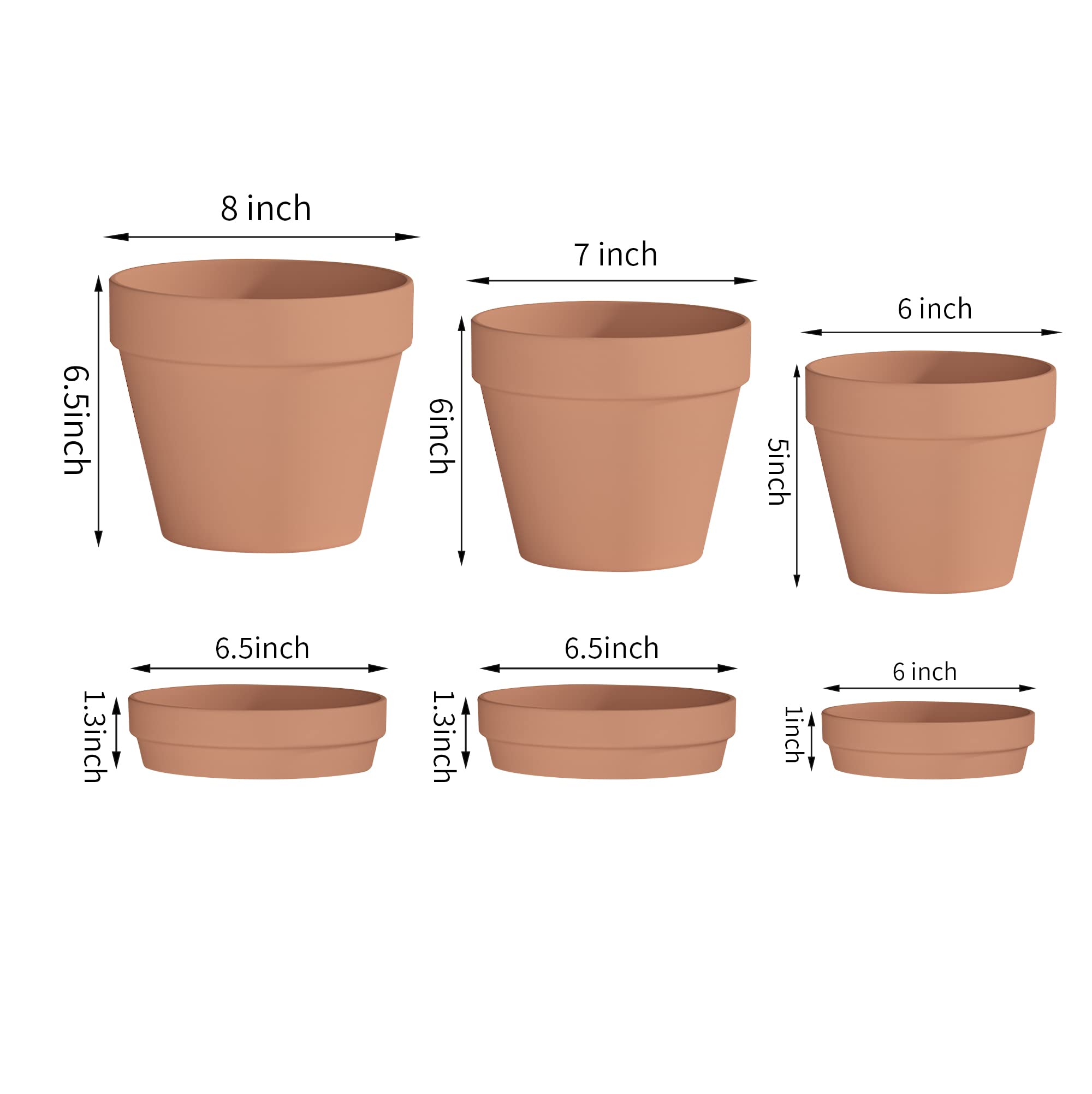 **6/7/8 Inch Terracotta Clay Pots for Succulents & Plants - Drainage Hole & Saucer Included - Indoor & Outdoor Planters for Home, Garden, Office Decor**