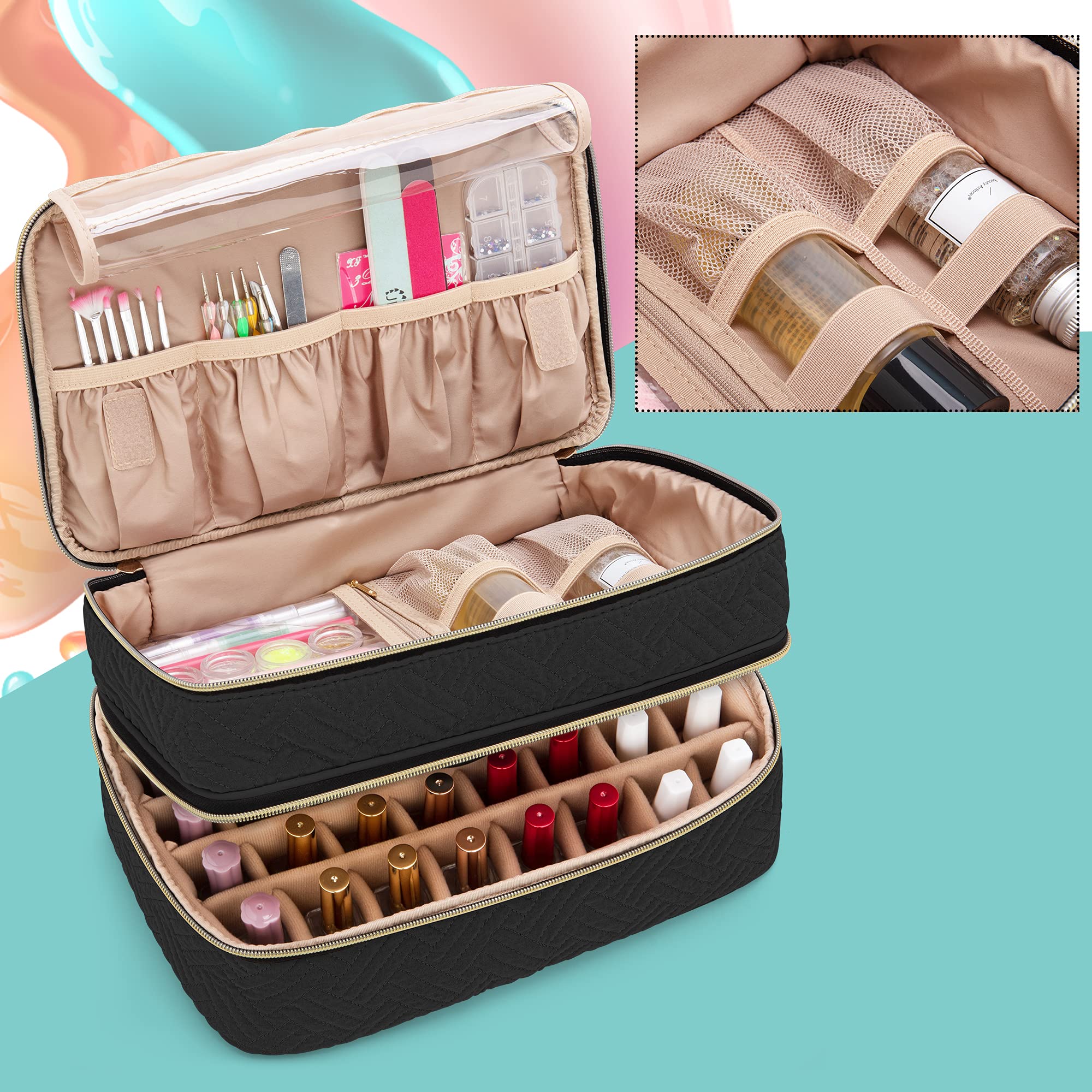 BAFASO 40 Bottle Nail Polish Organizer Case with Manicure Tools Storage - Holds 15ml (0.5 fl.oz) Bottles, Patented Black Design for Salon & Home Nail Care Organization