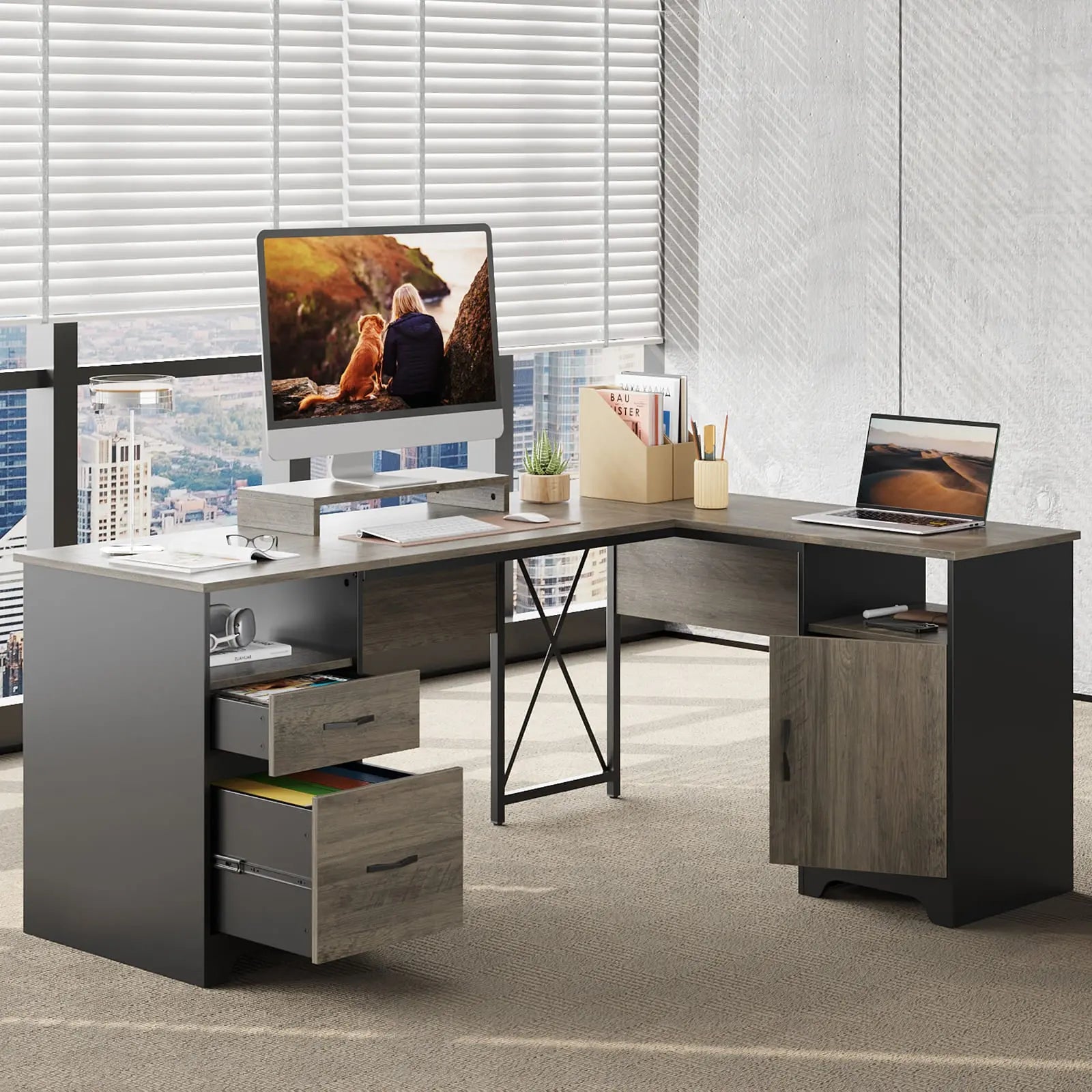 Bestier L-Shaped Computer Desk with File Drawers - Home Office Workstation for Gaming & Study, Space-Saving Corner Desk with Storage