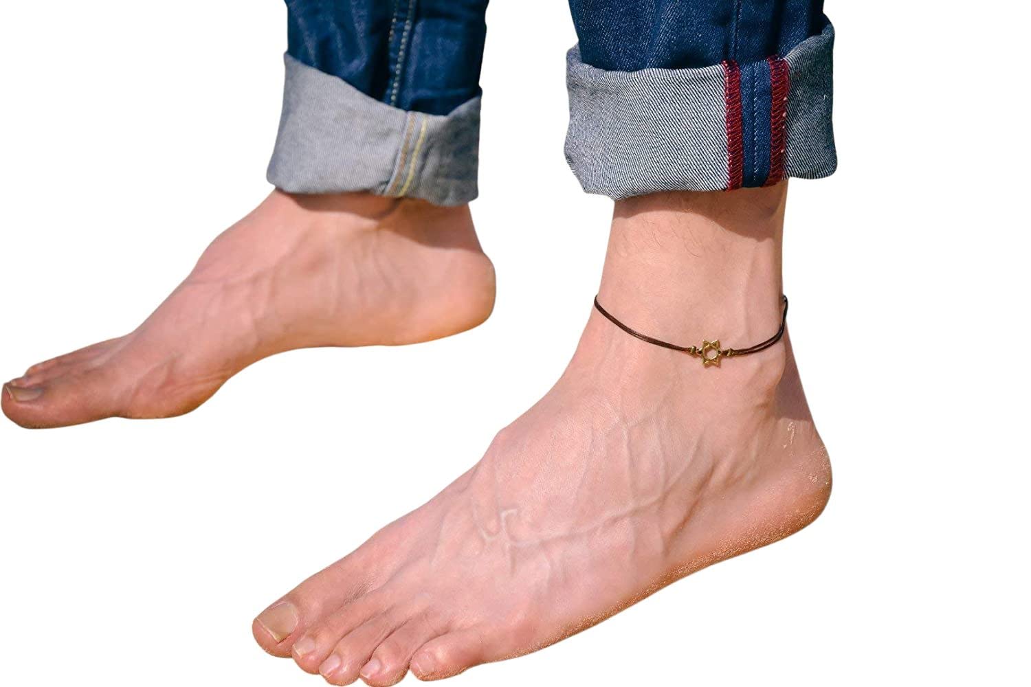 Men's Anklet - Bronze Star of David Brown Cotton Cord Ankle Bracelet for Him | Custom Jewish Jewelry Gift from Israel | Perfect for Casual Wear, Beach Outings & Religious Occasions